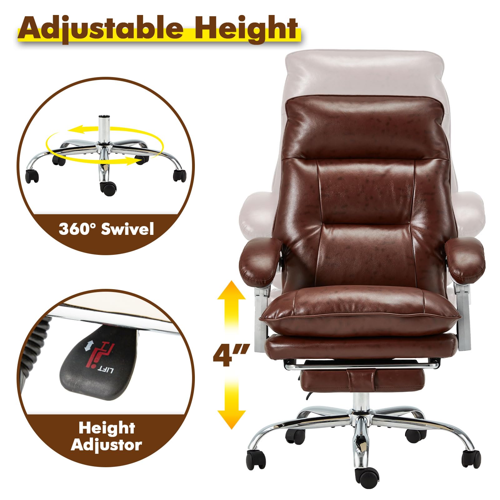 Premium Ergonomic Executive Office Chair with Adjustable Footrest & Reclining Back - 350 lbs Weight Capacity - Big & Tall PU Leather Computer Gaming Chair for Home Office & Workspace - Linkage Armrests for Ultimate Comfort