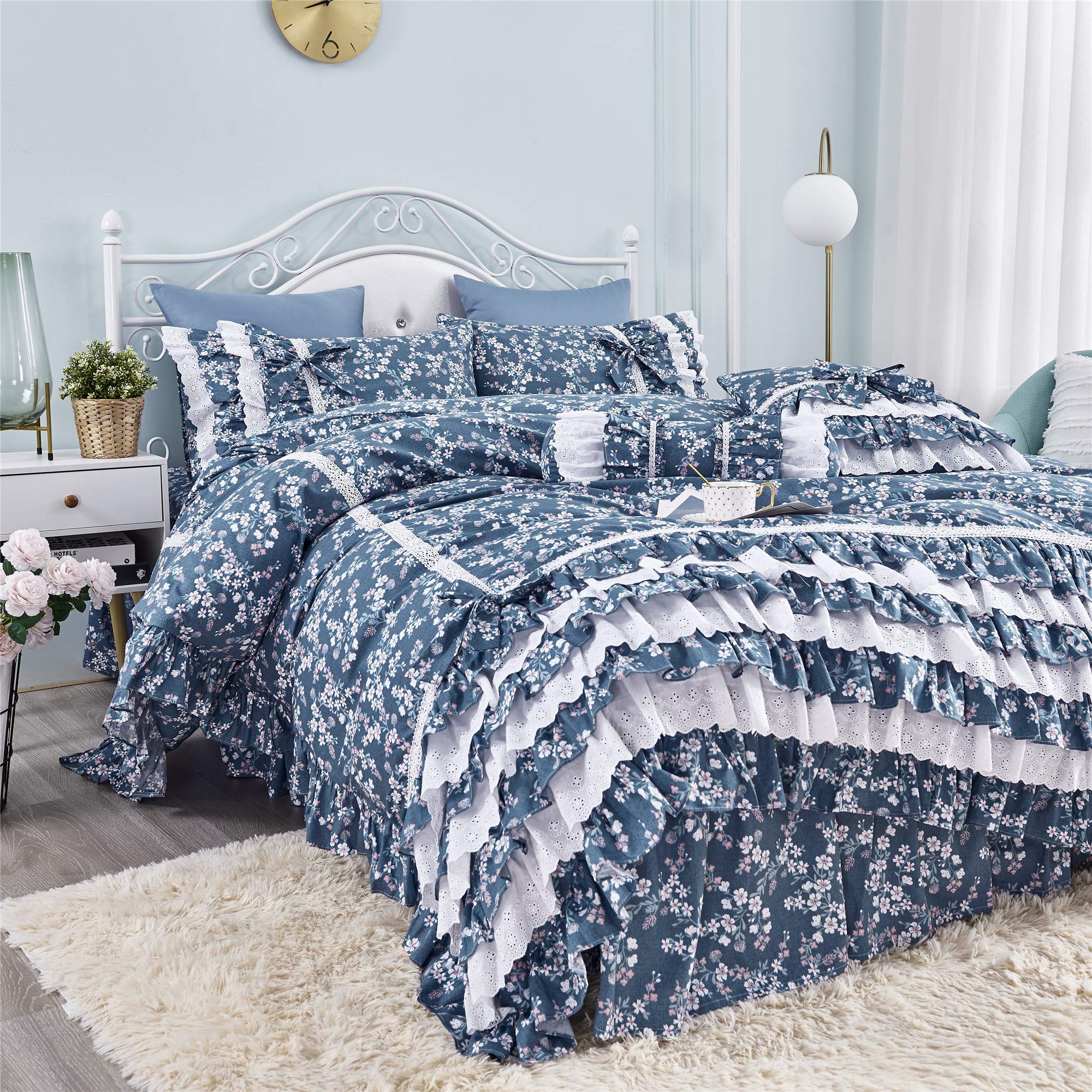 Vintage Floral Duvet Cover Set - Blue Farmhouse Bedding 100% Cotton Twin Size for Girls Room Decor