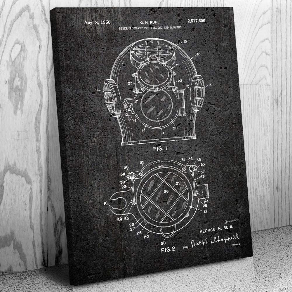Patent Earth Underwater Welders Helmet Canvas Print - 18x24 Inch Welding & Scuba Diving Wall Art - Perfect Gift for Welders, Divers & Instructors - Dark Concrete Finish for Home, Office & Dive Shop Decor