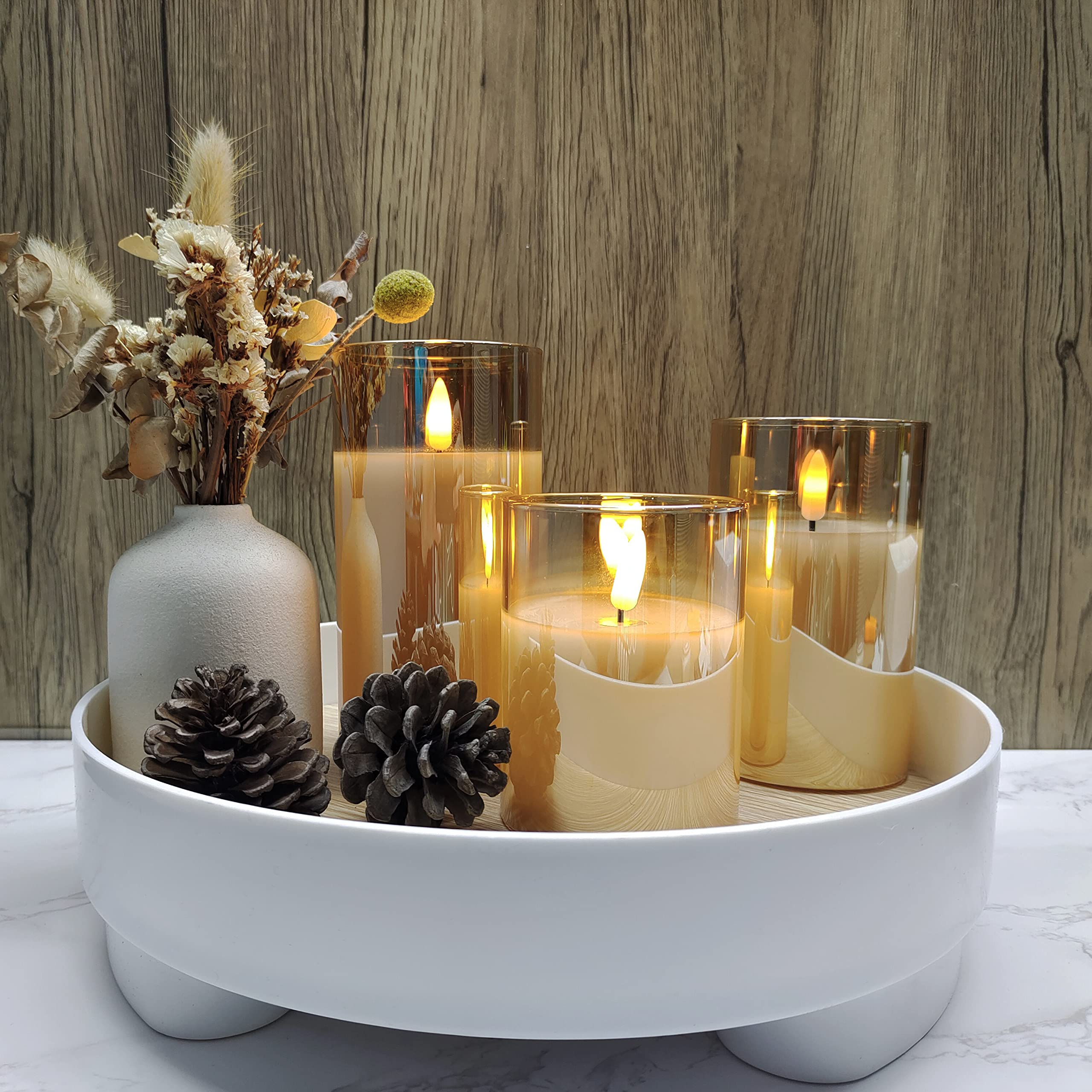 Battery Operated LED Flameless Candles with Remote & Timer - Real Wax Warm White Flickering Lights for Home Decor, Weddings, Parties & Holidays (Set of 3 Gold Candles) - Perfect for Romantic Dinners, Spa Relaxation & Christmas Decorations