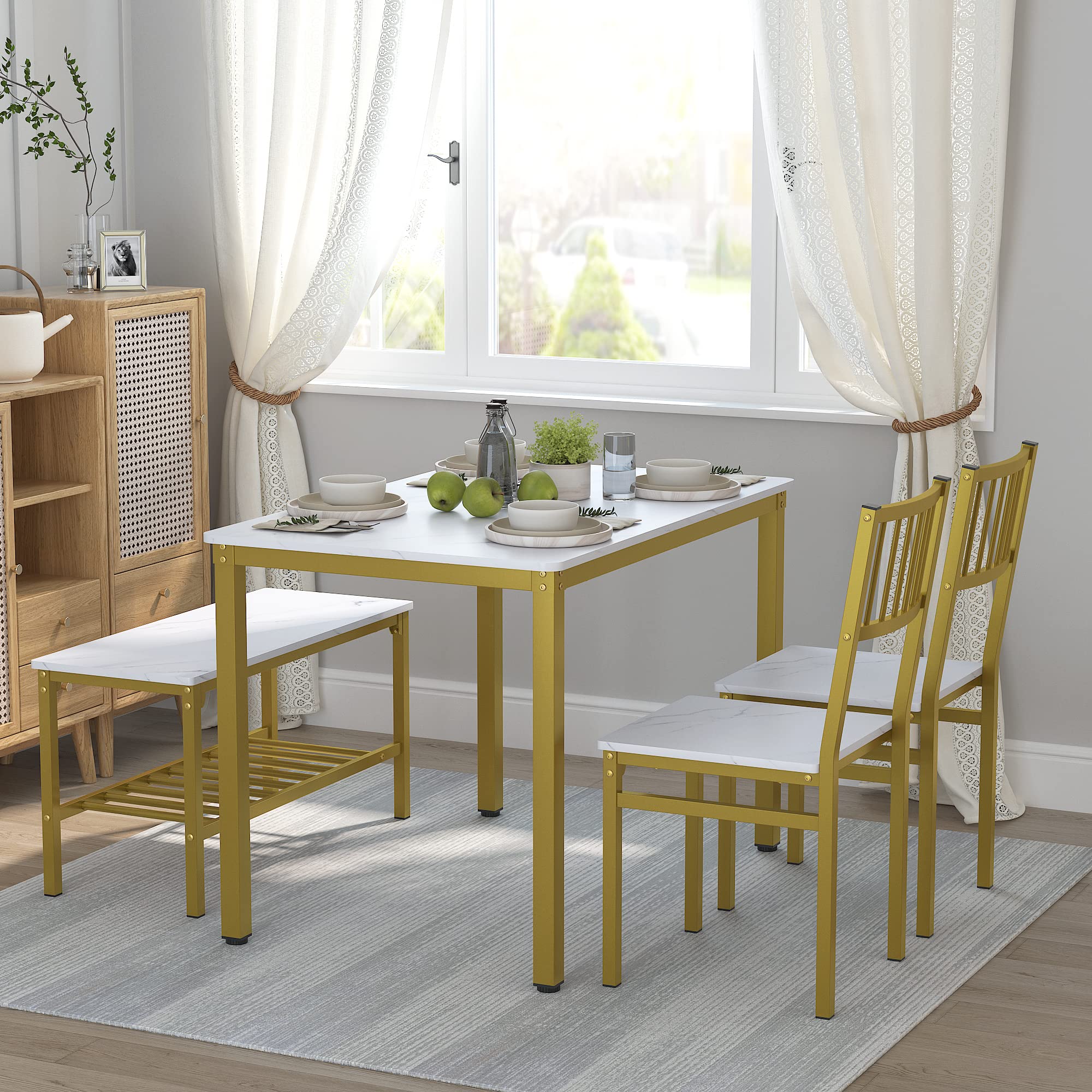Teraves 4-Piece Dining Table Set with 2 Chairs & Bench - 120CM White Marble Top & Gold Frame Kitchen Table, Computer Desk - Perfect for Small Spaces, Dining Rooms & Home Offices