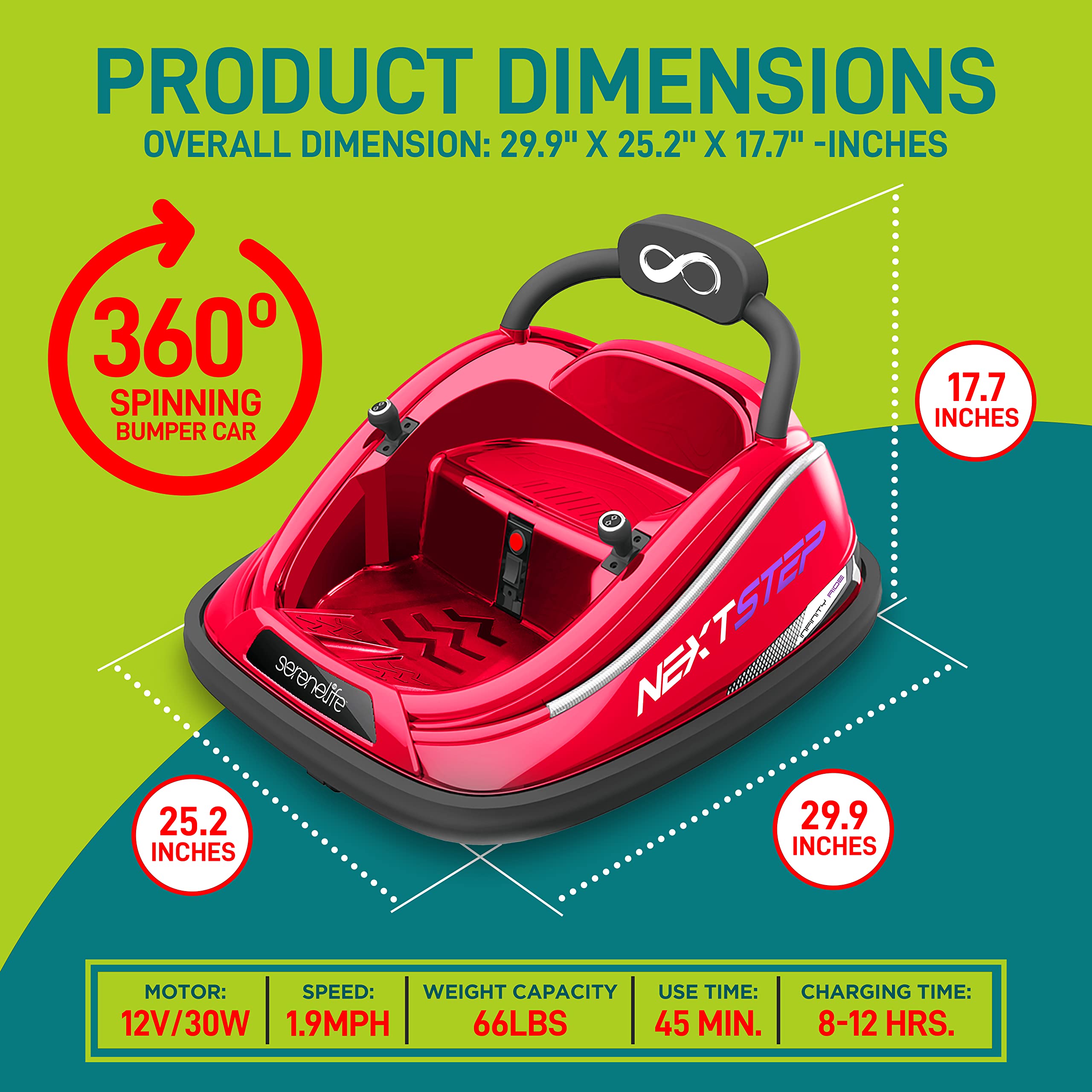 SereneLife 12V Electric Bumper Car for Kids with Remote Control - 360° Spinning, LED Lights & Safety Belt | Toddler Ride-On Toy for Ages 3-8 Years | Perfect for Indoor Playrooms, Backyard Fun & Birthday Parties