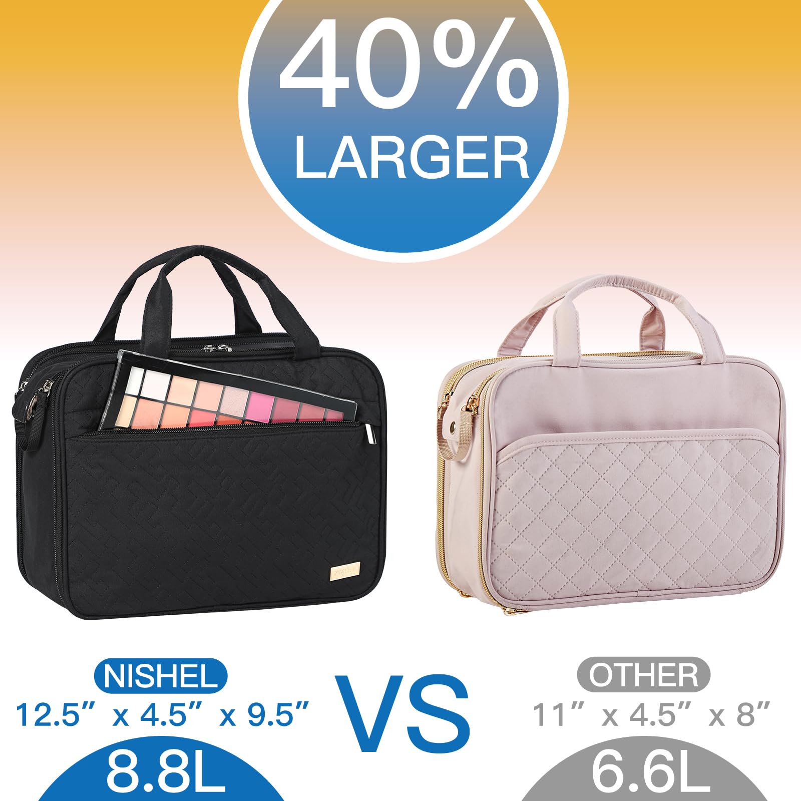 NISHEL Travel Makeup Bag Organizer - Portable Stand Up Cosmetic Case for Toiletries | Black | Perfect for Travel, Gym & Daily Use
