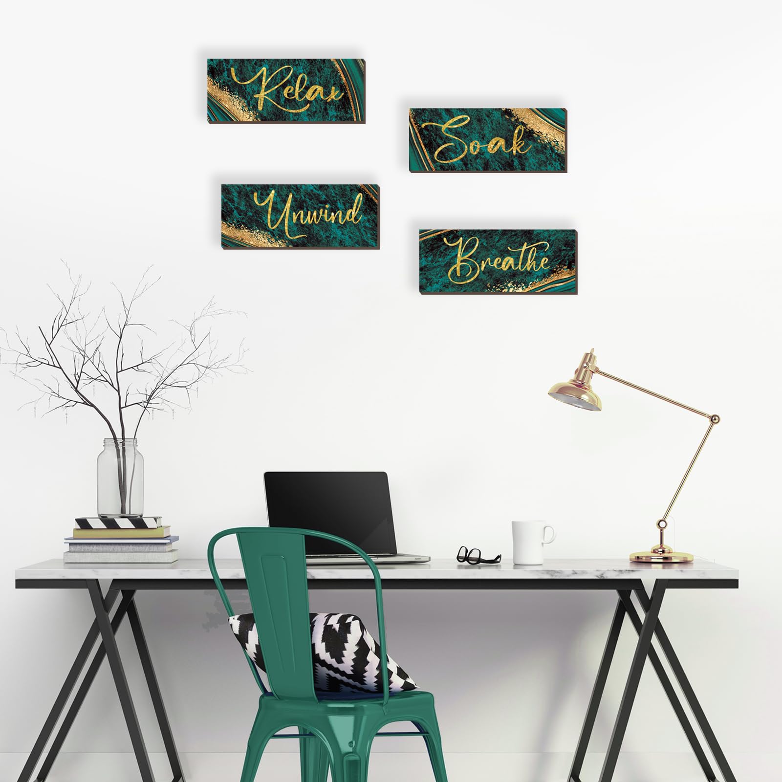 ONIZHITY 4-Piece Green and Gold Bathroom Decor Set - Rustic Wooden Wall Art with Marble Accents for Relaxation (10