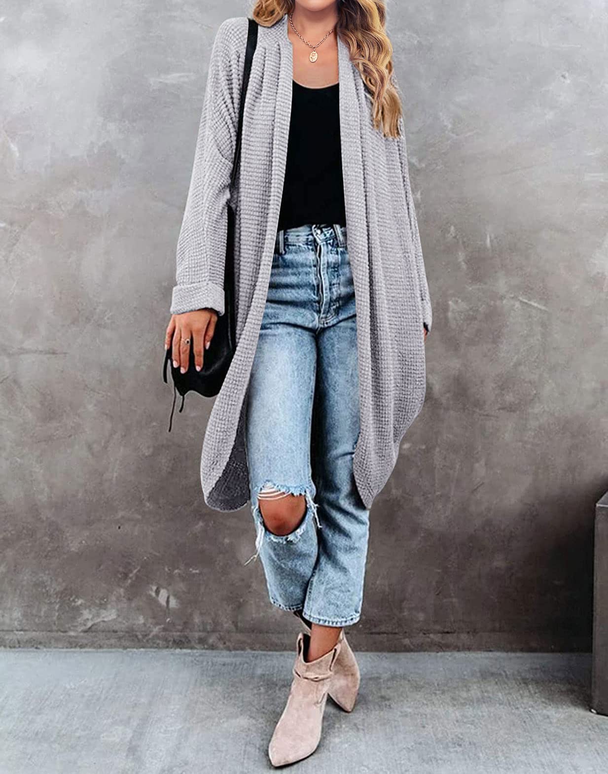 MEROKEETY Women's 2025 Fall Waffle Knit Batwing Long Sleeve Cardigan - Loose Open Front Sweater Coat for Casual Outfits & Layering | Perfect for Office, Coffee Dates & Autumn Evenings