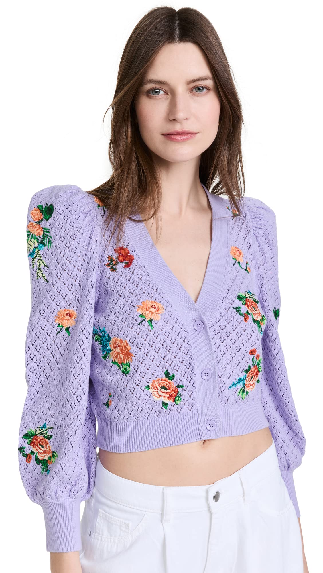 Alice + Olivia Women's Morita Floral Puff Sleeve Cardigan Sweater - Spring Summer Lightweight Knit Open Front Cover Up for Work, Date Night & Casual Outfits