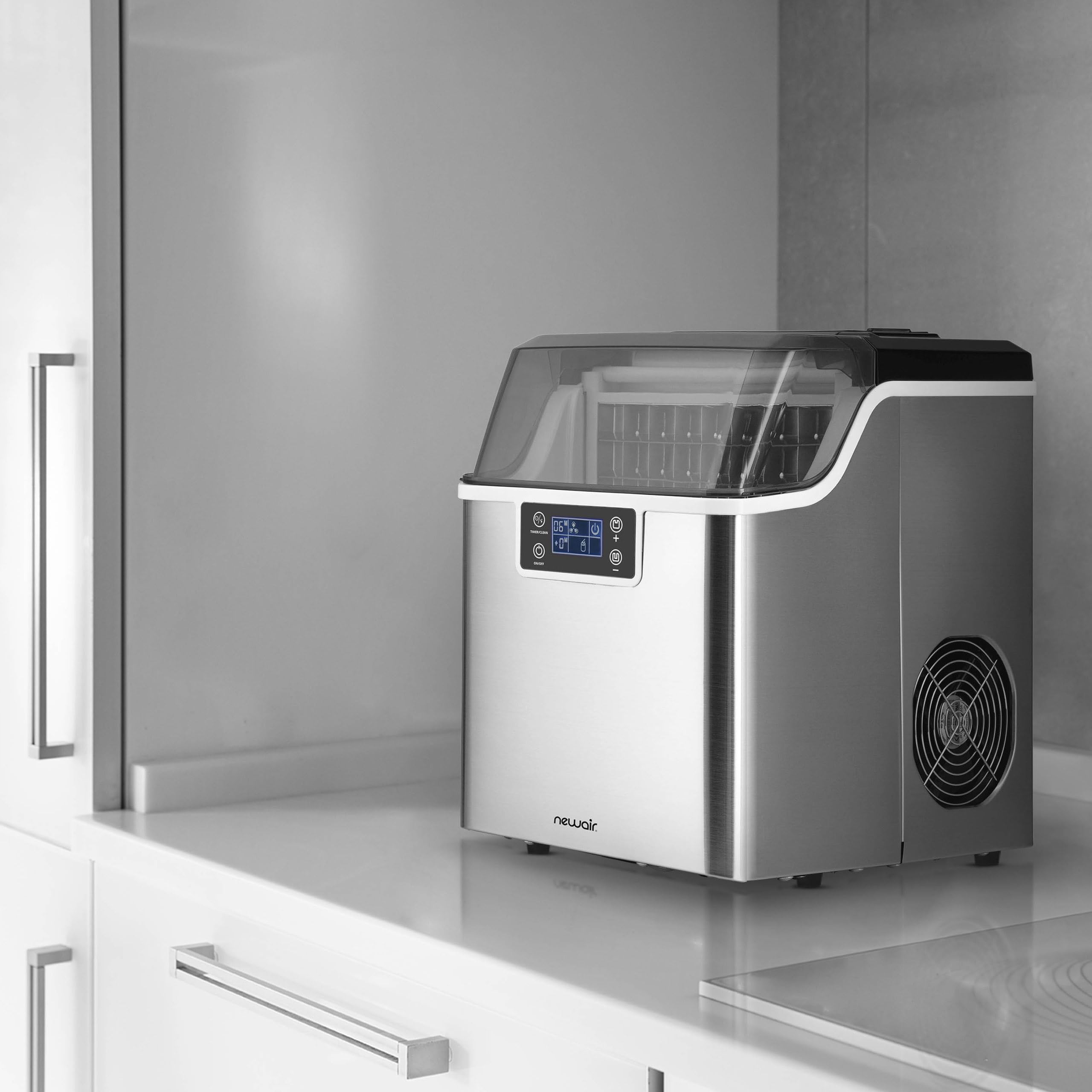 Newair 45lbs/Day Countertop Clear Ice Maker with Self-Cleaning & Adjustable Ice Thickness - Portable Ice Cube Machine with 24H Timer - Perfect for Home, Office, RV, Outdoor Bar & Parties - Stainless Steel Design