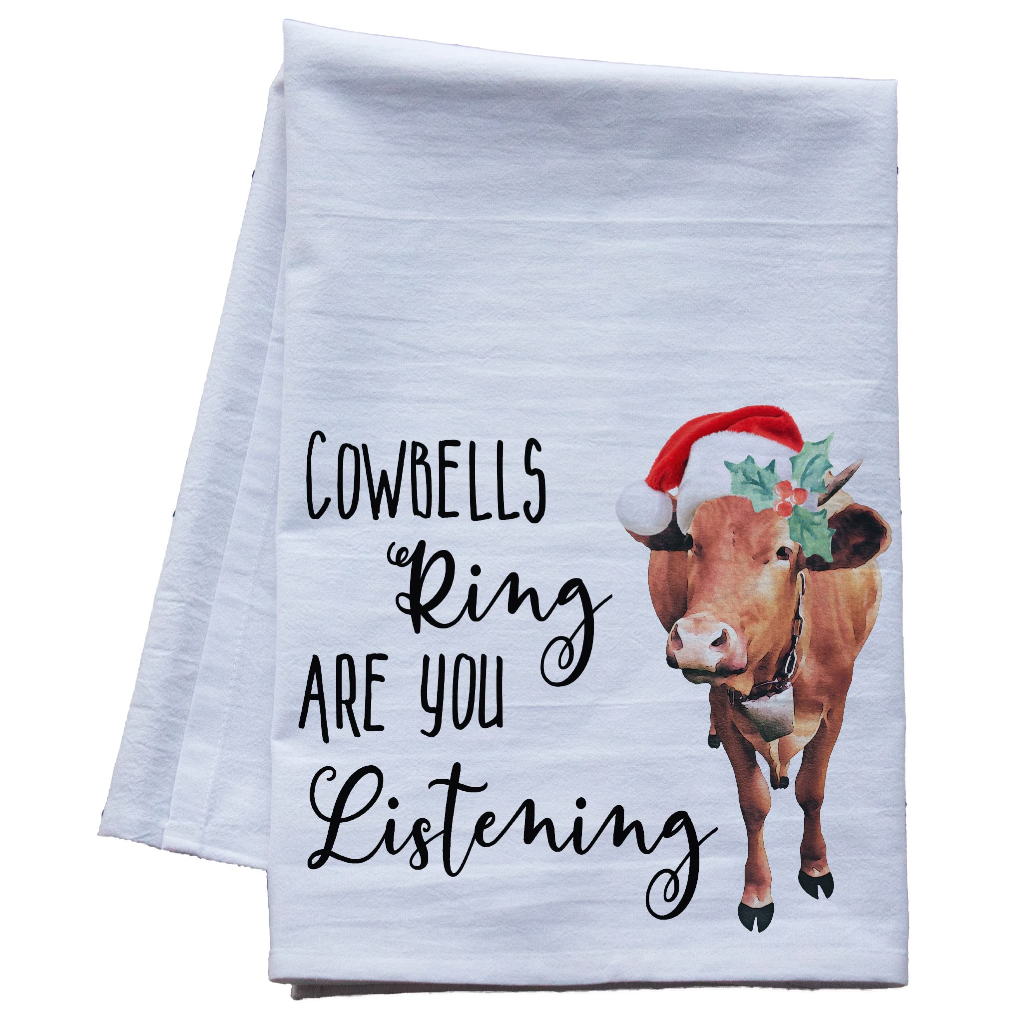 Christmas Flour Sack Dish Towels - Holiday Kitchen Tea Towels for Xmas Decor (Cowbells Ring Christmas Cow) - Perfect for Baking, Gift Wrapping & Festive Home Decor