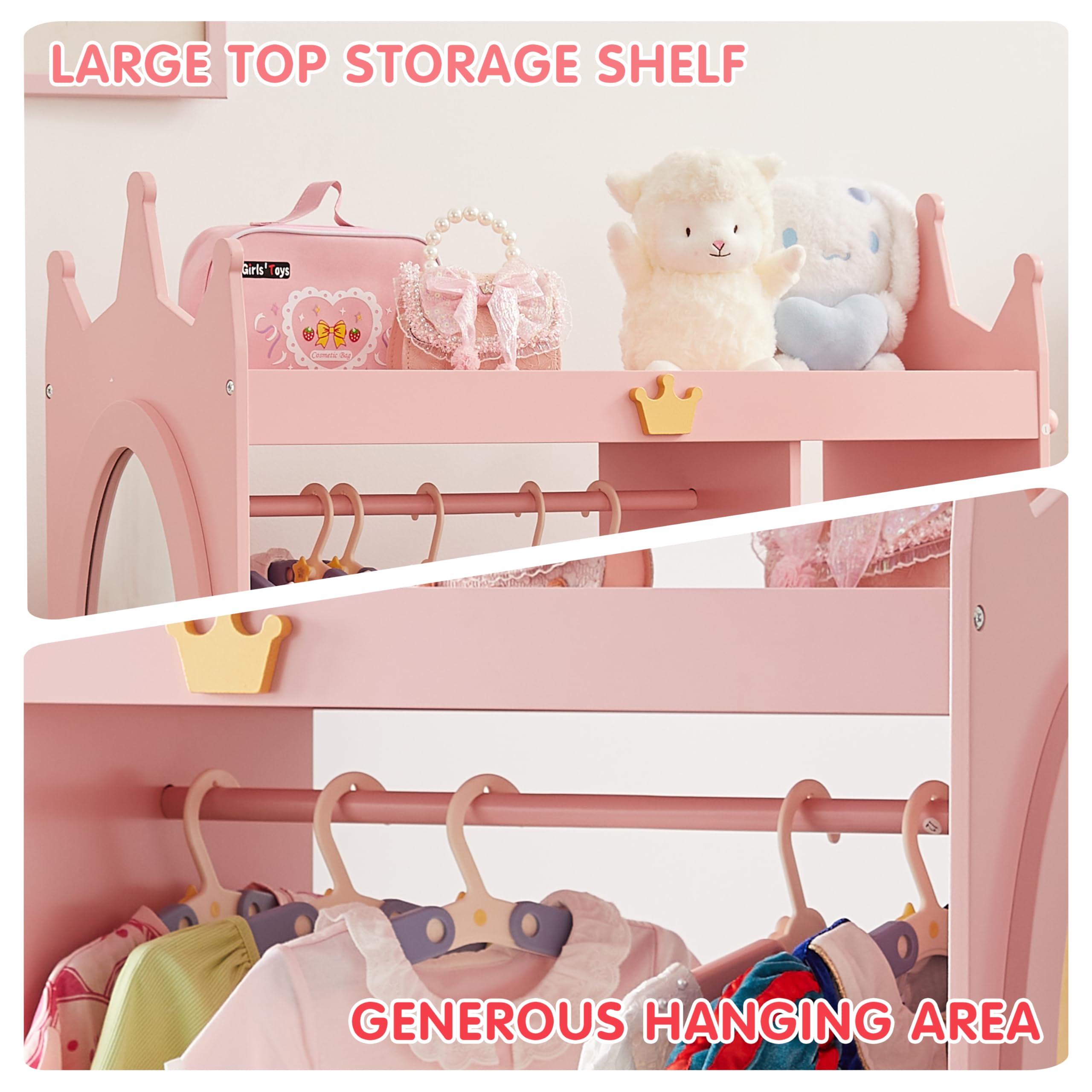 Pink Kids Dress Up Storage Closet with Mirror, 2 Storage Bins & Cloth Hanger - Playroom Armoire Dresser for Pretend Play, Bedroom & Kids Room Organization - Perfect for Dress-Up Games & Toy Storage