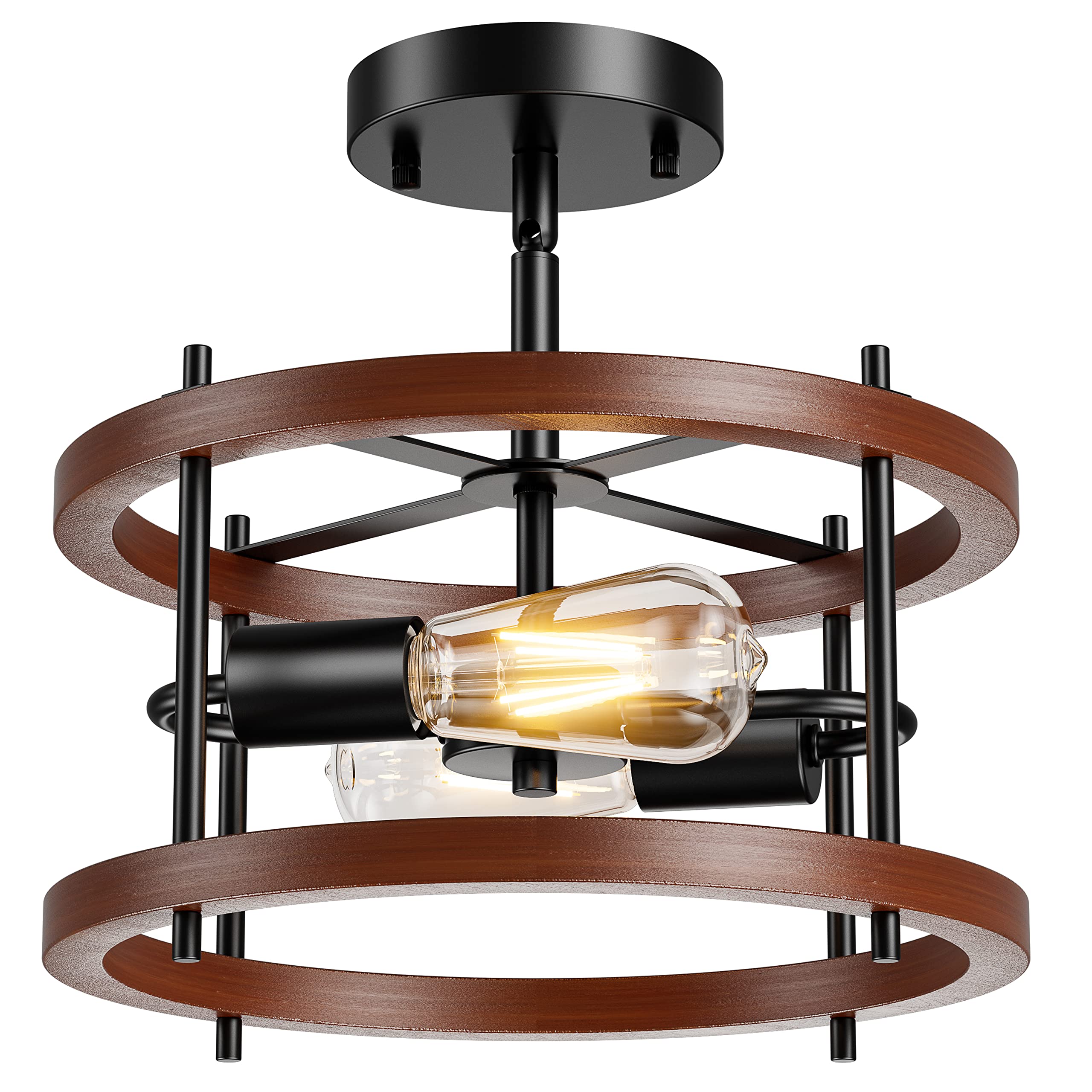 YONOK 2-Light Vintage Farmhouse Ceiling Fixture - 14’’ Rustic Wood Semi Flush Mount Lighting for Kitchen, Bedroom & Hallway - Perfect for Sloped/Flat Ceilings in Country, Cottage & Farmhouse Style Homes