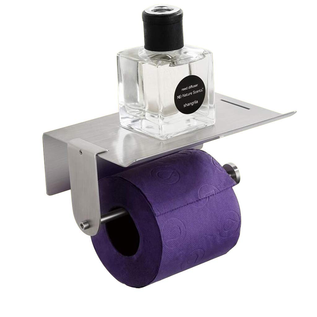 Stainless Steel Toilet Paper Holder - No Drill Bathroom Tissue Roll Stand with Phone Shelf, Silver (18