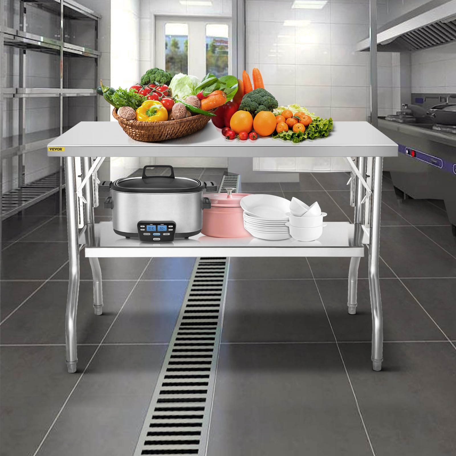 VEVOR 48 x 24 Inch Heavy Duty Stainless Steel Folding Work Table - Commercial Prep Table with 772 lbs Capacity, Silver Kitchen Island for Restaurant, Catering & Home Use - Perfect for Food Prep, Cooking & Baking