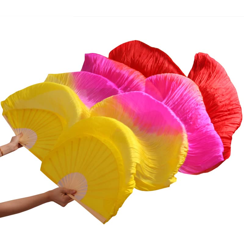 Handmade 100% Real Silk Belly Dance Fan Veils - 2pcs Rainbow Color Long Bamboo Fan Veils for Women | Professional Belly Dancing Performance & Costume Accessories | Perfect for Stage Shows, Wedding Dances & Cultural Events