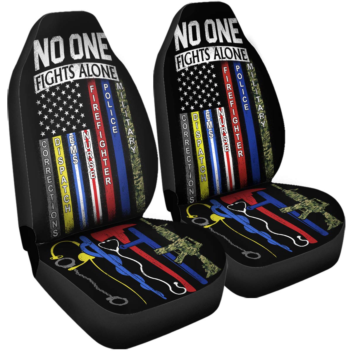 No One Fights Alone First Responder American Flag Car Seat Covers - Universal Fit for Most Cars, SUVs & Trucks | Patriotic Auto Accessories for Police, Firefighters & EMS Support
