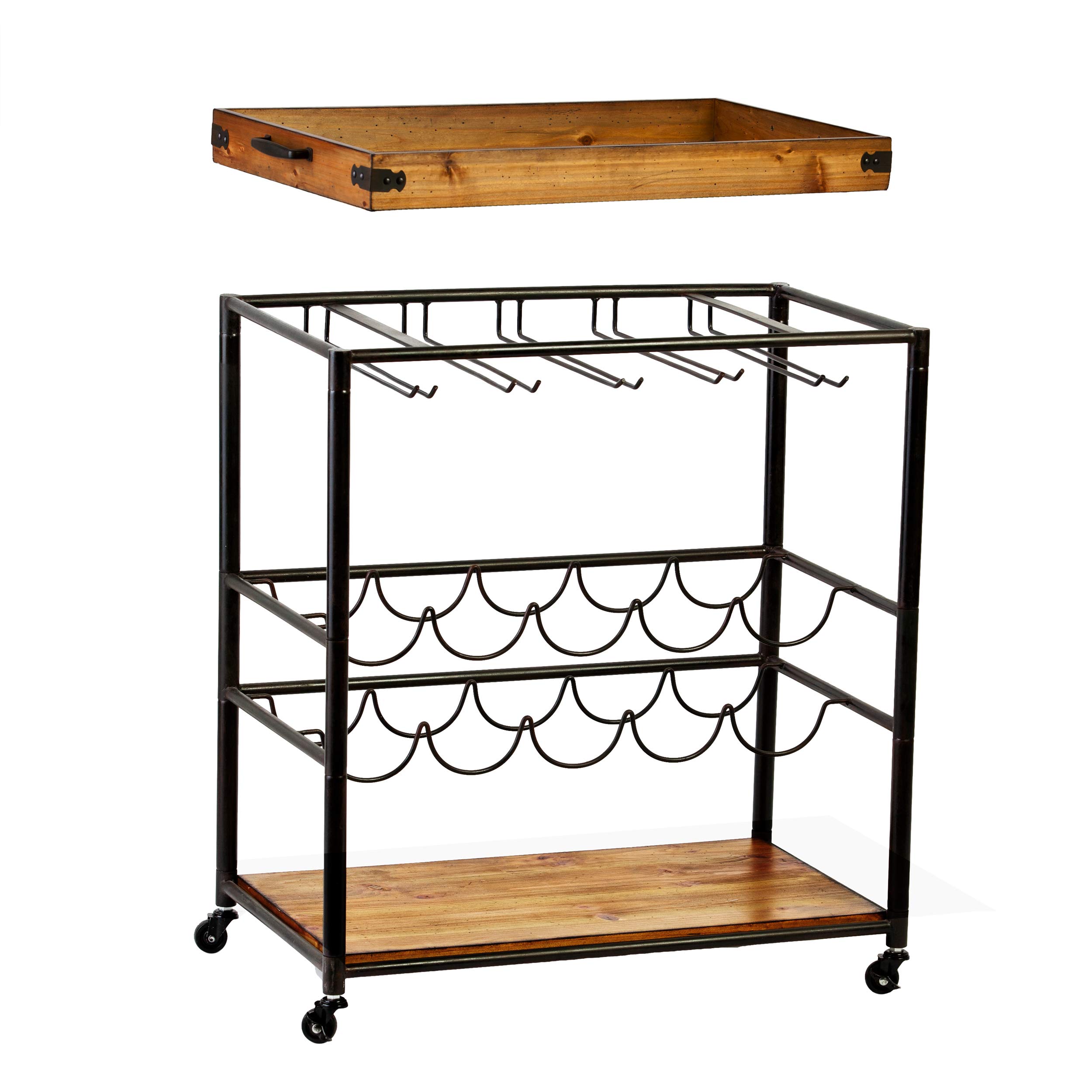 SEI Furniture Southern Enterprises Mayson Bar Cart - Black/Natural Wood Rolling Serving Cart for Home, Office & Outdoor Entertaining