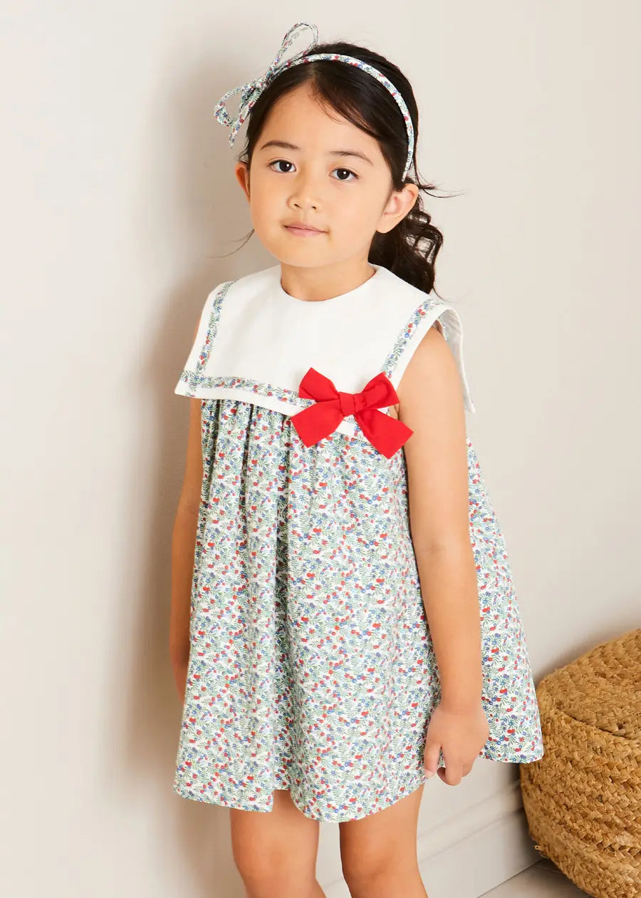 Evelyn Floral Sleeveless Bow Detail Trapeze Dress for Girls in Red - Size 12 Months to 8 Years | Perfect for Birthday Parties, Family Photos & Special Occasions