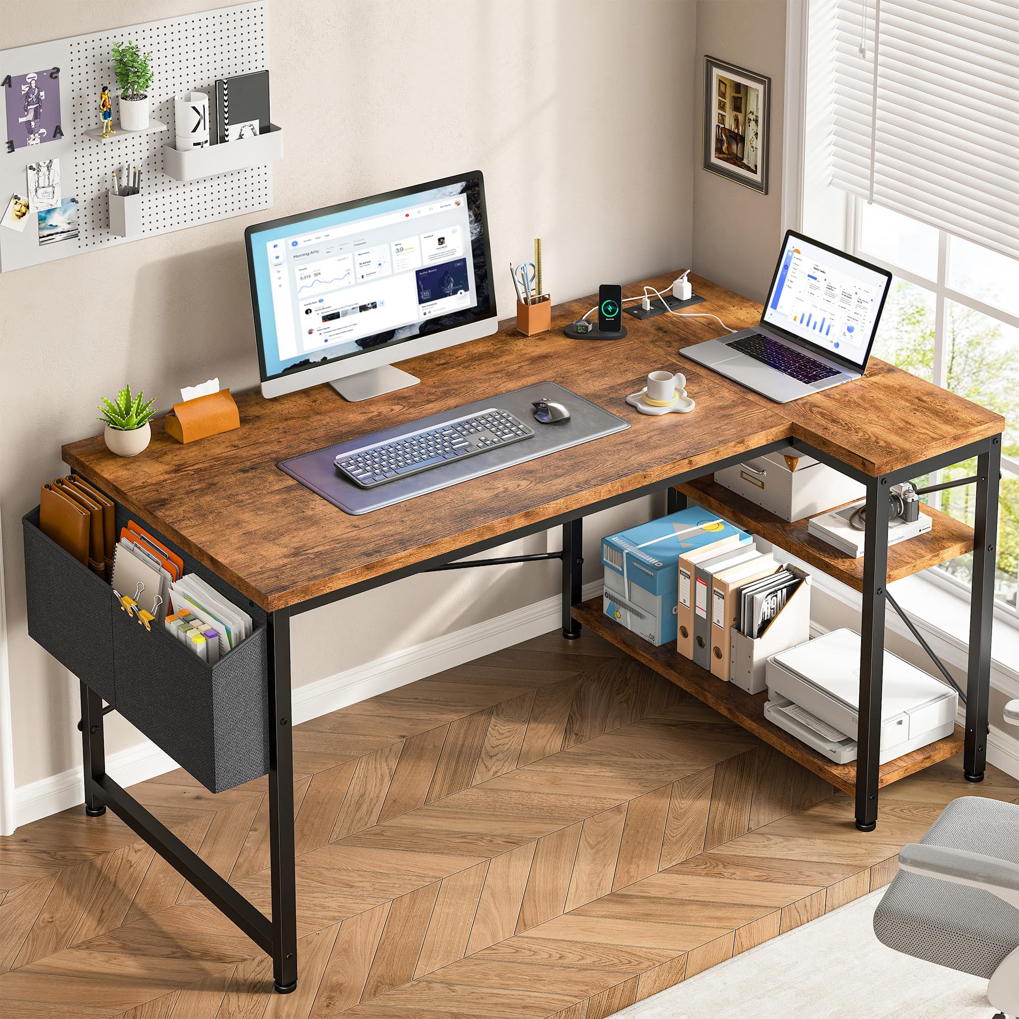 48 Inch L-Shaped Gaming Desk with Storage Shelves, Power Outlets & Side Bag - Reversible Computer Desk with X-Shaped Support for Home Office, Bedroom, Study - Rustic Brown Wooden Workstation for PC Gaming, Remote Work & Online Study