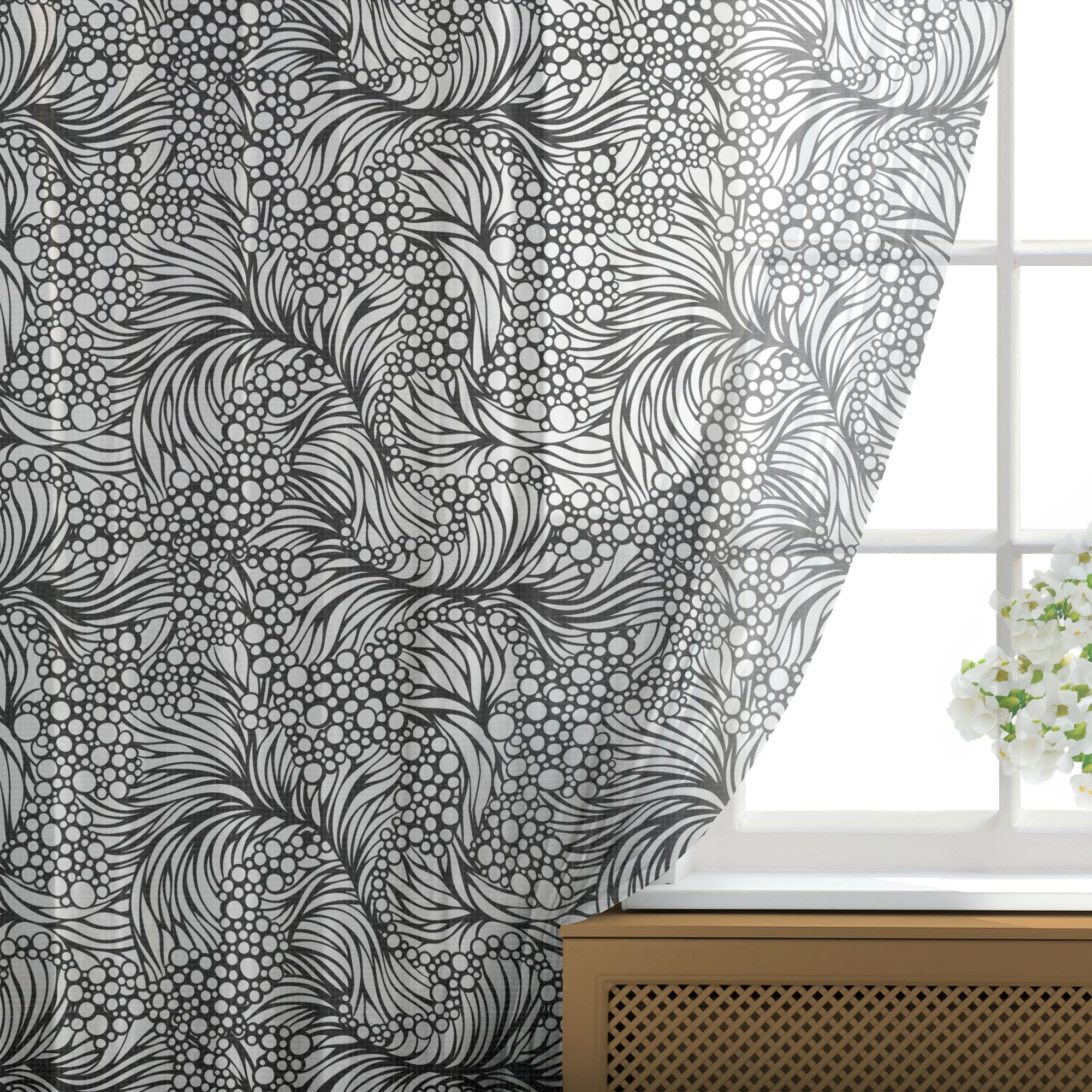 Ambesonne Black and White Tulle Curtains - Abstract Ocean Waves & Bubble Design, Sheer Window Drapes with Rod Pocket, 108