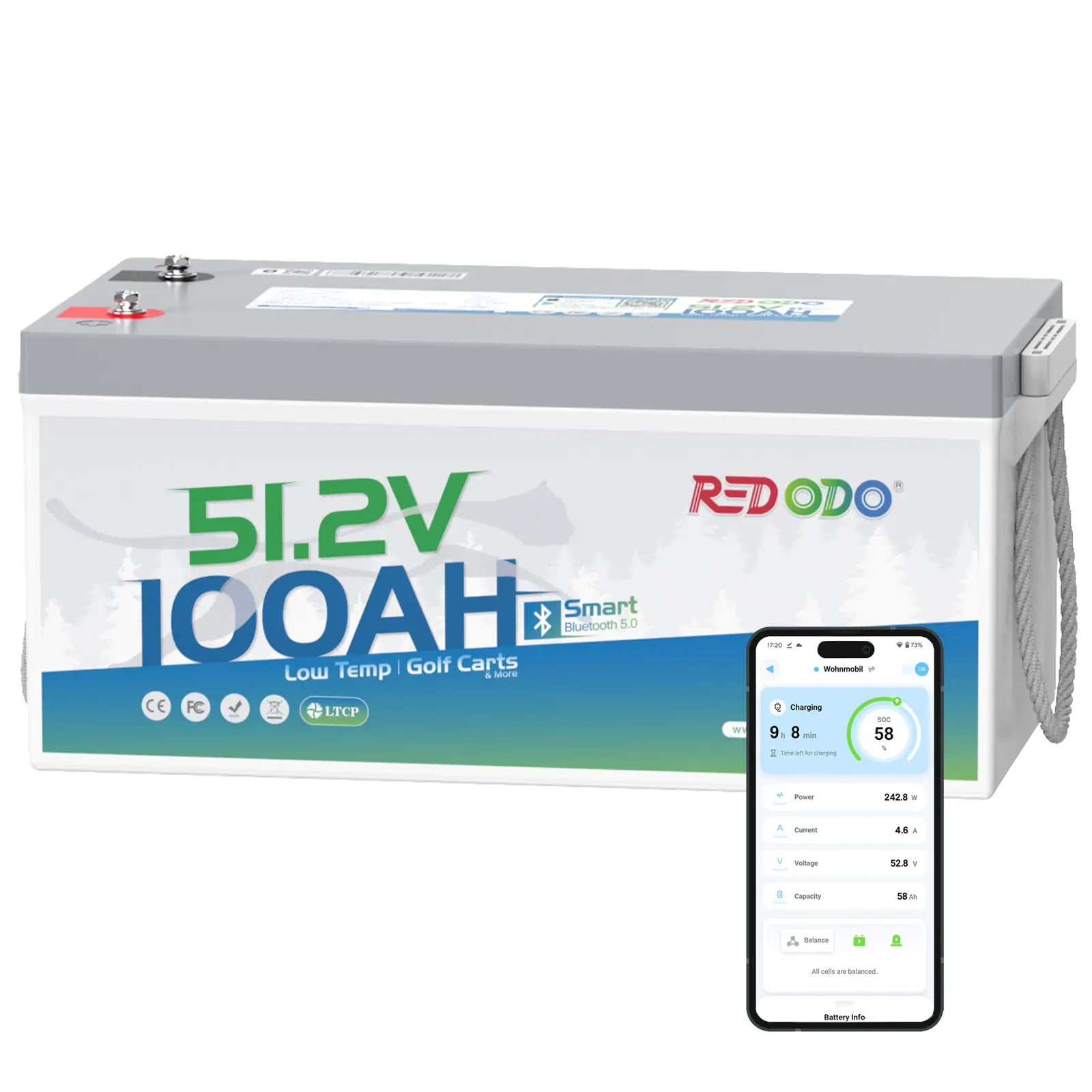 Redodo 48V (51.2V) 100Ah LiFePO4 Lithium Golf Cart Battery with Bluetooth - Perfect for Golf Carts, Electric Vehicles & Off-Grid Power Systems
