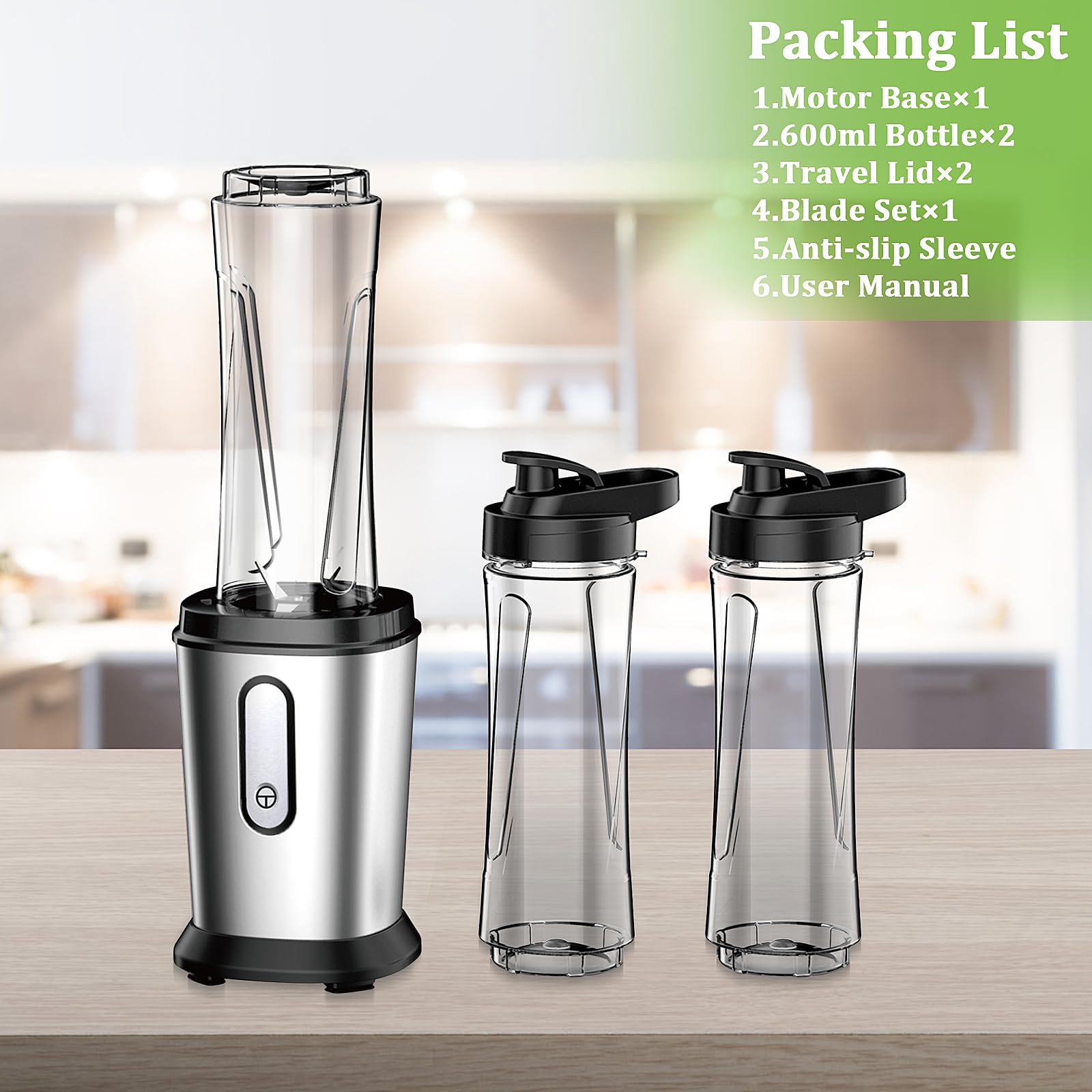 Powerful Electric Smoothie Blender with 2 Portable 20oz Tritan Bottles - BPA-Free Personal Blender with 4 Stainless Steel Blades - Perfect for Shakes, Smoothies, Protein Drinks & Meal Prep - Ideal for Home, Office & Gym Use