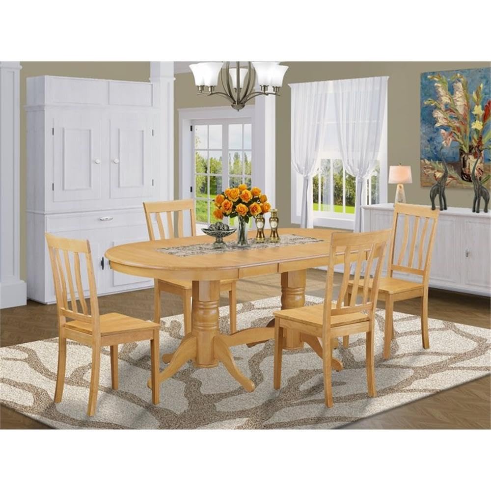East West Furniture VAAN5-OAK-W 5-Piece Oak Dining Set with Oval Table & 4 Chairs, Butterfly Leaf Extends to 76