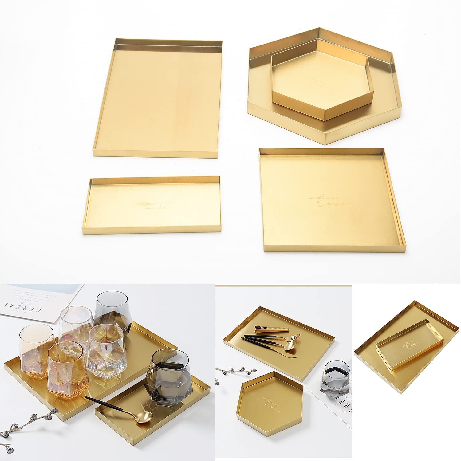Gold Stainless Steel Rectangular Serving Tray - Decorative Vanity Organizer for Jewelry, Cosmetics & Tableware | Bathroom Countertop, Kitchen & Home Decor Storage Solution