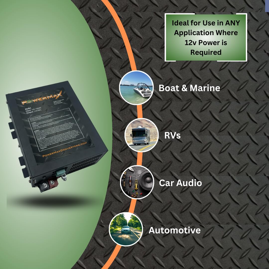 PowerMax PM3-45 45A Power Supply & Battery Charger - 110/120V AC to 0-12V DC Converter with 3-Stage Smart Charging, Cooling Fan & LED Indicator - Compatible with Lithium Batteries - Perfect for RV, Marine, Solar & Off-Grid Power Systems