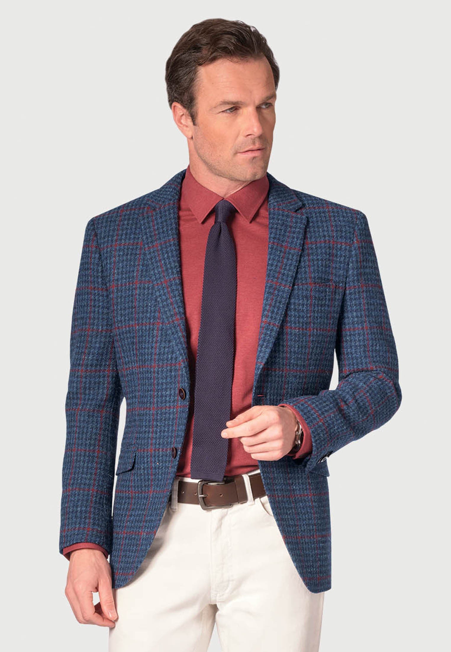 Stylish Perth Navy Houndstooth with Wine Overcheck Harris Tweed Jacket | Classic Wool Blazer for Men & Women | Perfect for Office, Weddings & Fall Fashion