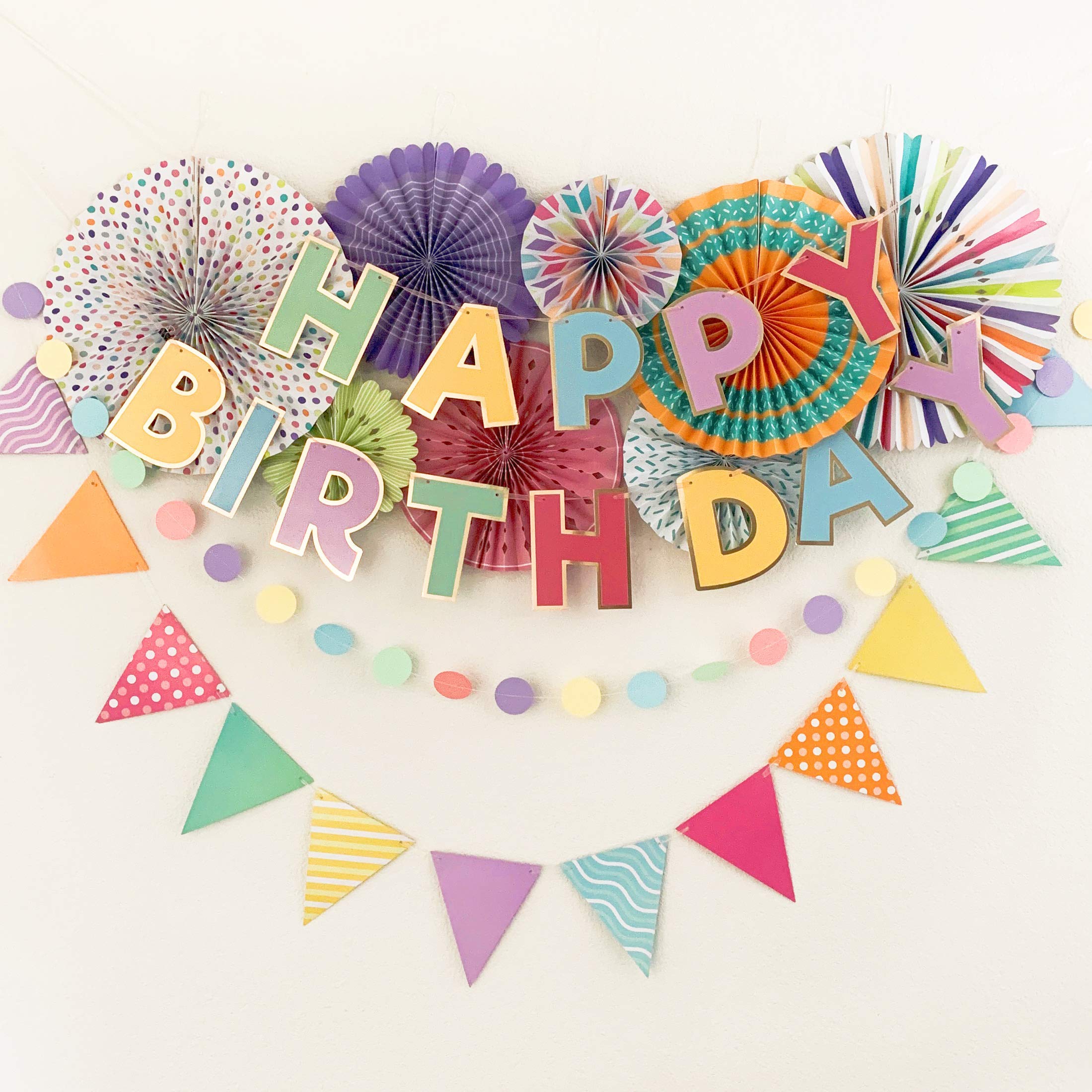 PapaKit Birthday Party Decorations Bundle - Pastel Rainbow Bunting Banner, Pennant Garland, Circle Garland & Origami Paper Fan Wall Decor Set for Baby Showers, Bridal Showers & Birthday Celebrations