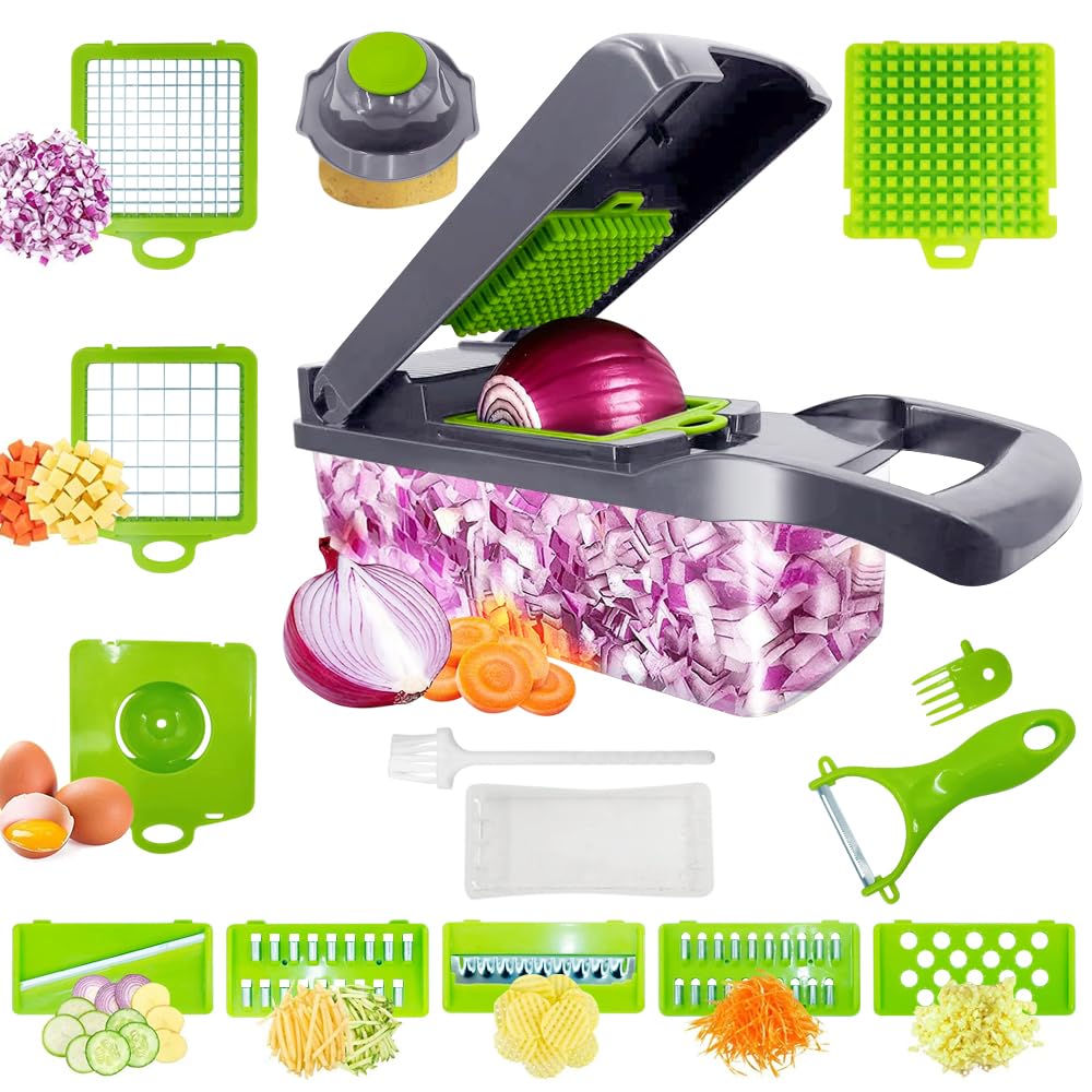 16-in-1 Multifunctional Vegetable Chopper with Container - Potato Peeler, Onion Cutter, Food Slicer & Grater - Perfect for Salad Prep, Tomato Dicing, Carrot Shredding & Egg Slicing - Ideal Kitchen Gadget for Meal Prep, Cooking & Healthy Eating