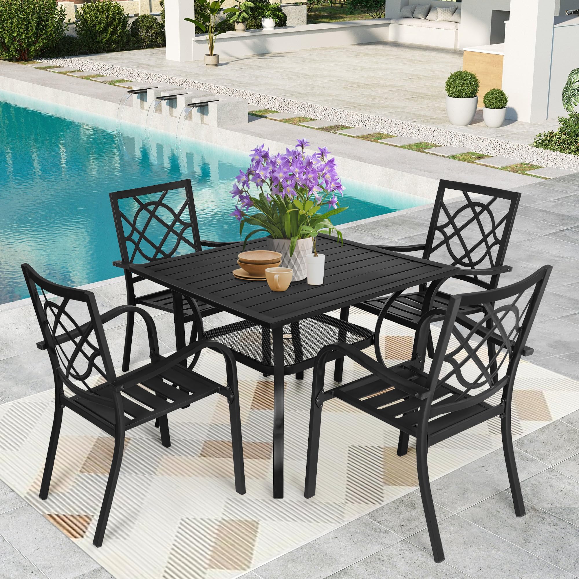 SUNCROWN 5-Piece Outdoor Wrought Iron Patio Dining Set - 4 Stackable Metal Chairs & 1 Steel Slat Bistro Table for Garden, Backyard, Deck - Perfect for Outdoor Entertaining, BBQ Parties, and Relaxing in Your Yard