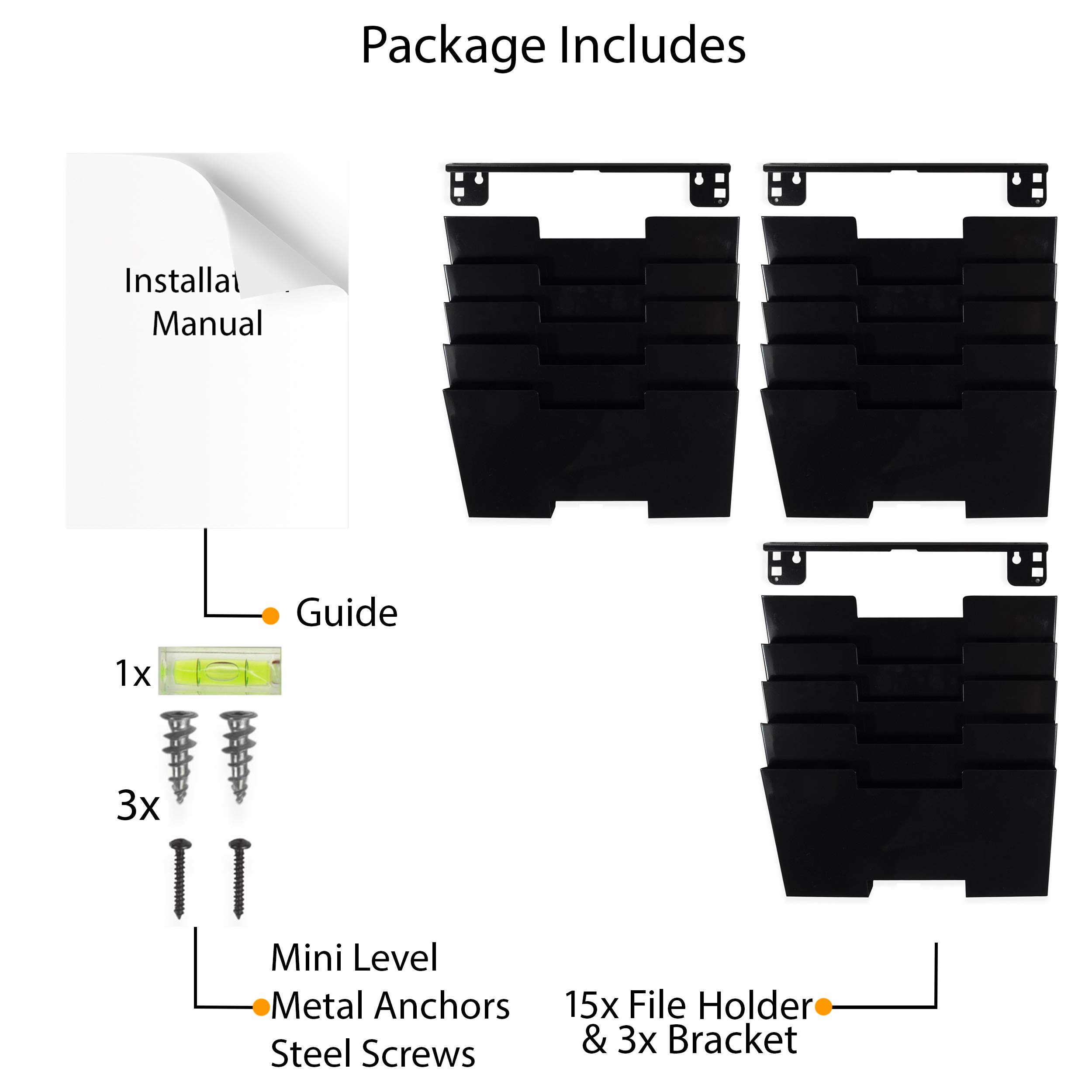 Wallniture Lisbon 15-Tier Wall Mounted File Holder & Desk Organizer - Black Metal Office Storage Rack for Documents, Mail & Supplies - Perfect for Home Office, Classroom & Workspace Organization
