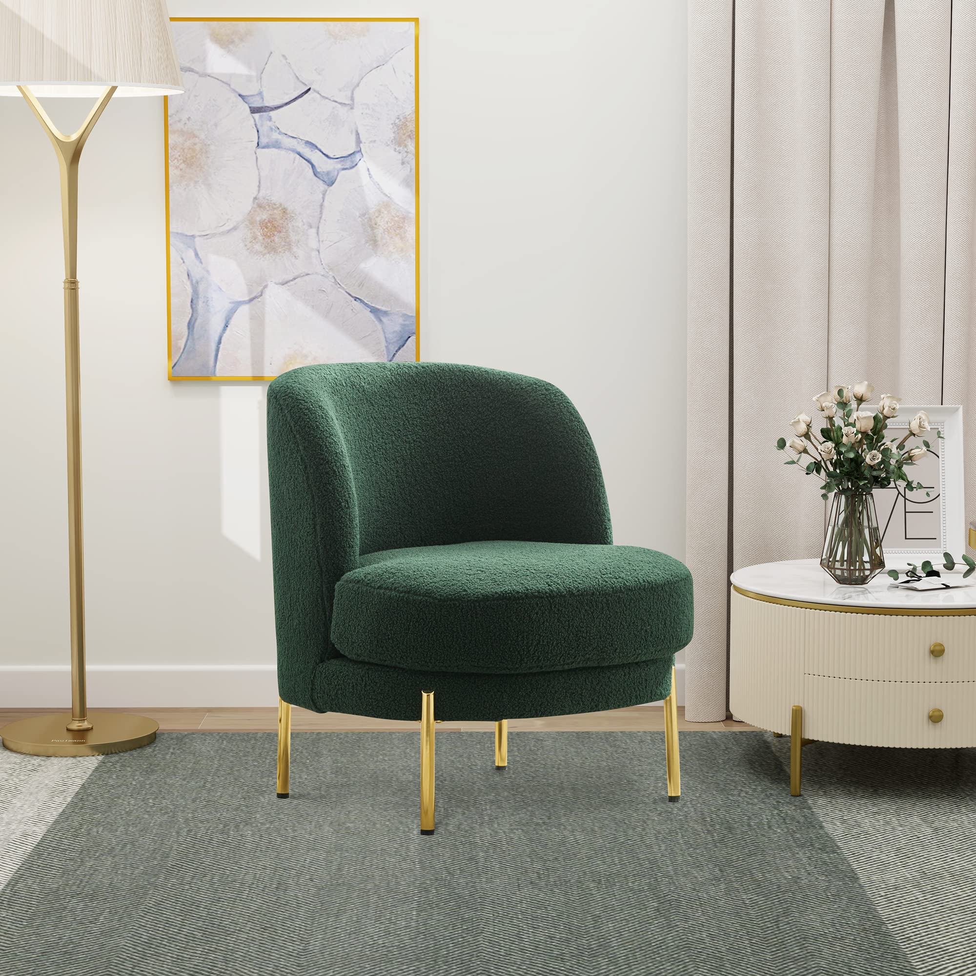 JULYFOX Modern Green Accent Chair - Tufted Polyester Fabric Armless Chair with Golden Legs for Living Room, Bedroom, Office | Perfect as Reading Chair, Desk Chair & Lounge Seating
