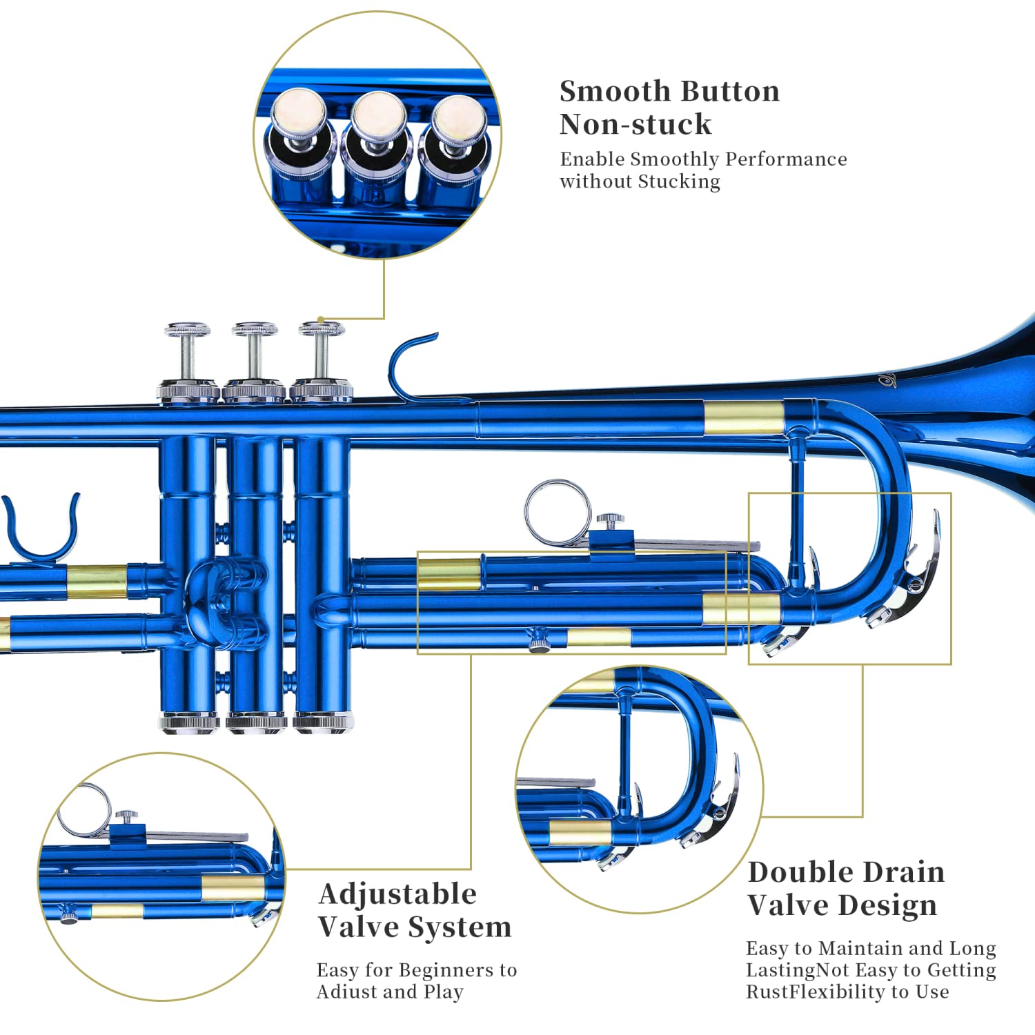 LeSage Blue Student Bb Trumpet with Hard Case - Includes 7C Mouthpiece, Valve Oil & Cleaning Kit - Perfect for Beginners, School Bands & Practice Sessions