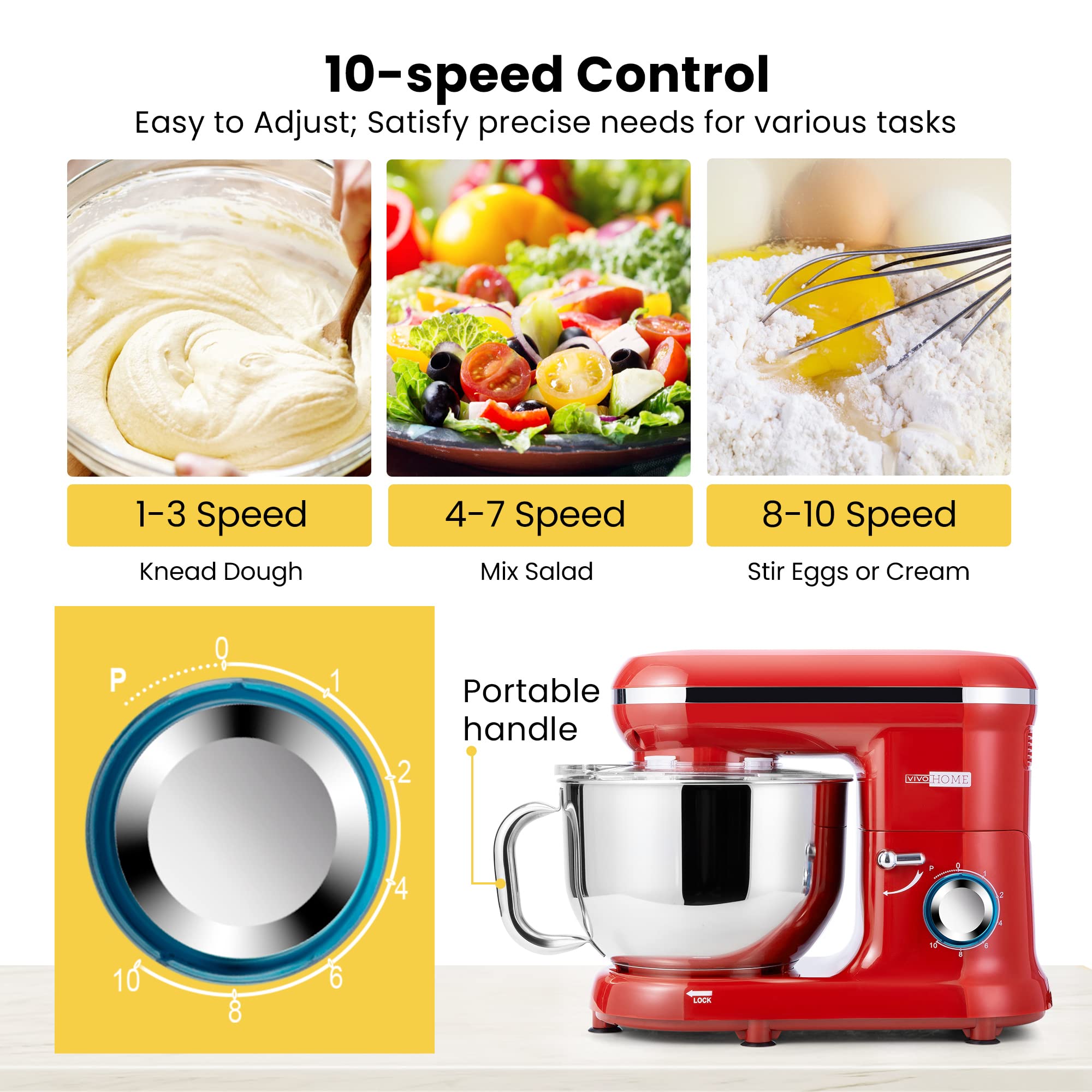 VIVOHOME 660W 10-Speed 6 Quart Tilt-Head Stand Mixer - Electric Kitchen Food Mixer with Beater, Dough Hook, Wire Whip & Egg Separator (Red) - Perfect for Baking Cakes, Cookies, Bread & More