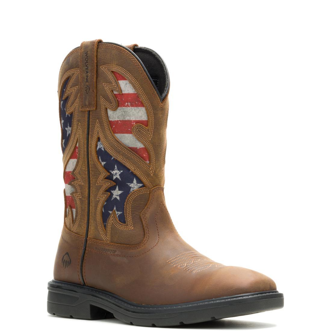 Rancher Flag Soft Toe Pull-On Wellington Work Boots for Men - Waterproof Brown Leather Safety Boots for Farming, Construction & Outdoor Work