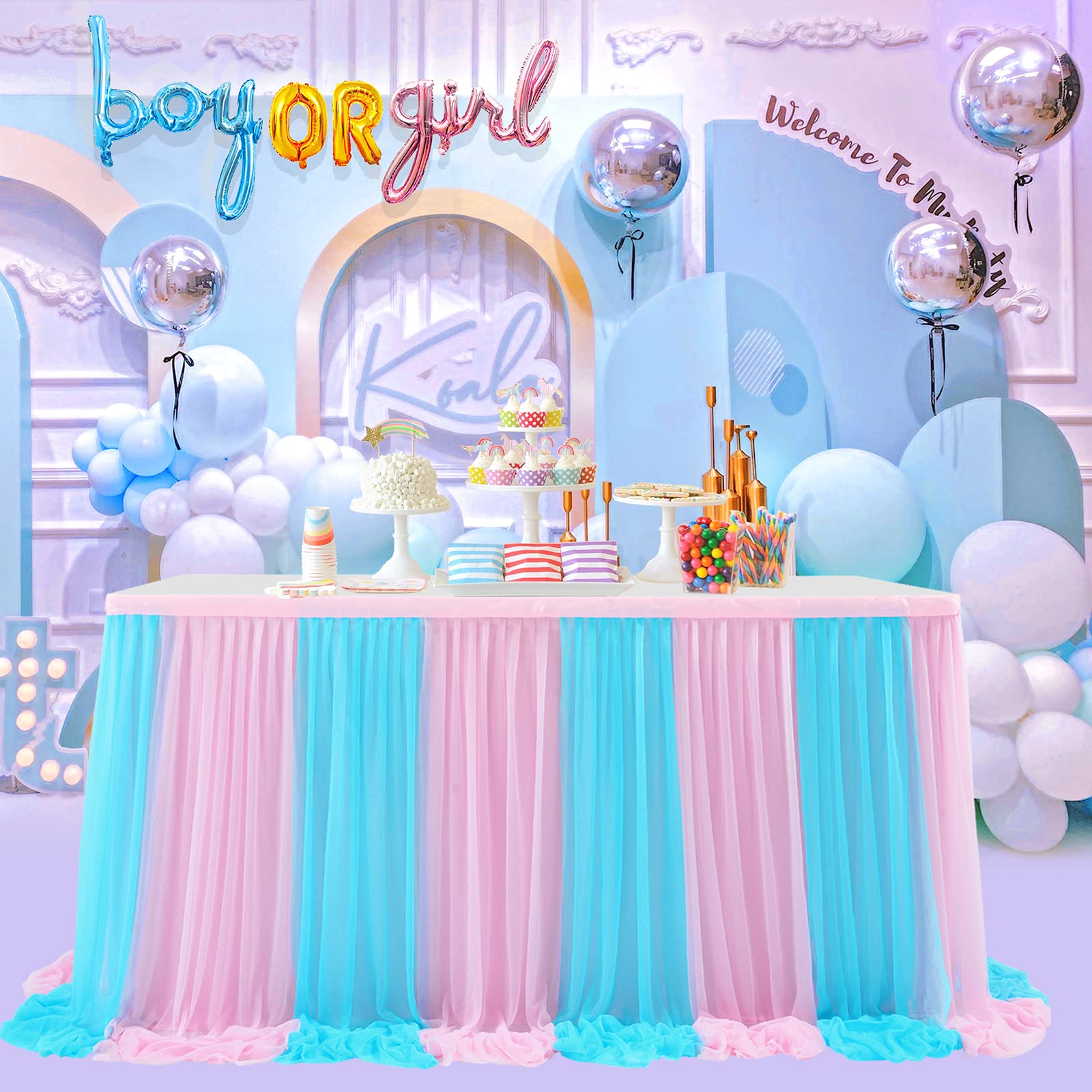 6ft Pink & Blue Tulle Table Skirt - Gender Reveal & Baby Shower Decor for Parties