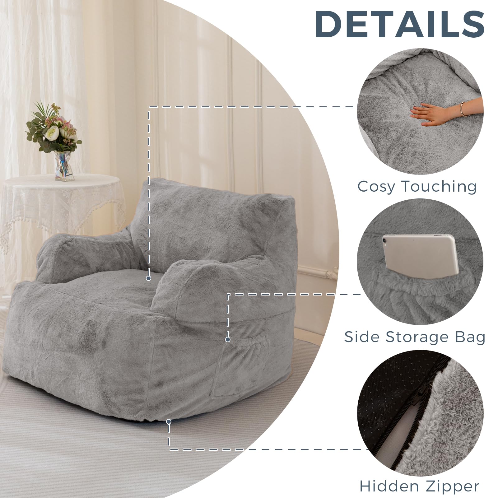 MAXYOYO Giant Bean Bag Chair - Ultra Soft Faux Fur Oversized Bean Bag Couch for Adults & Teens, Grey - Perfect for Living Room Lounging, Gaming & Movie Nights