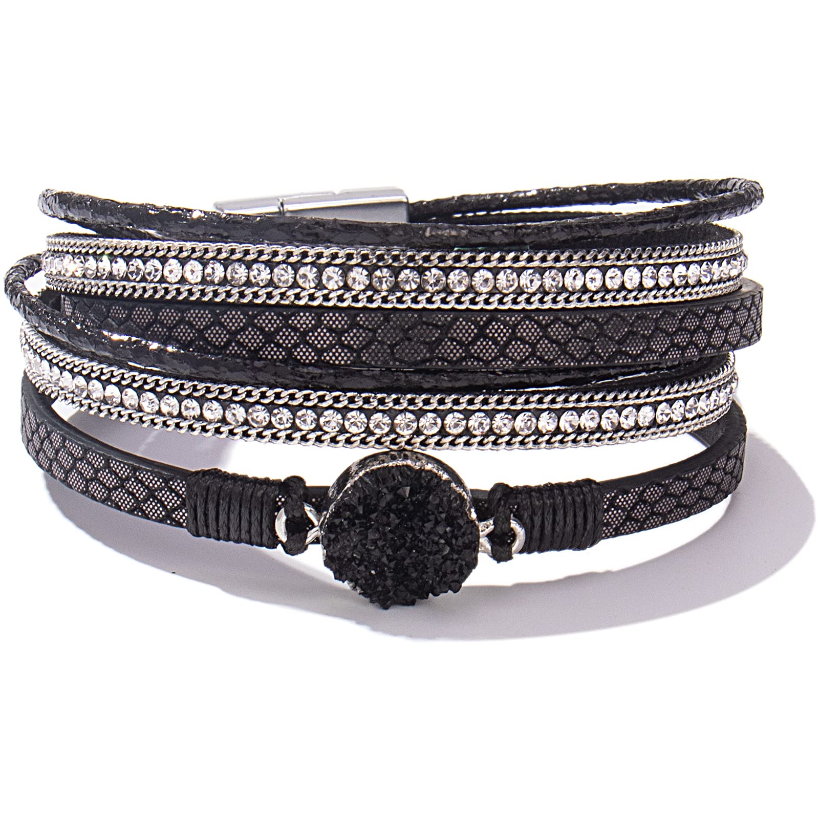 Boho Wrap Bracelets for Women - Shiny Leather Cuff with Resin Stone & Clasp | Bohemian Jewelry for Casual Wear, Festivals & Layering