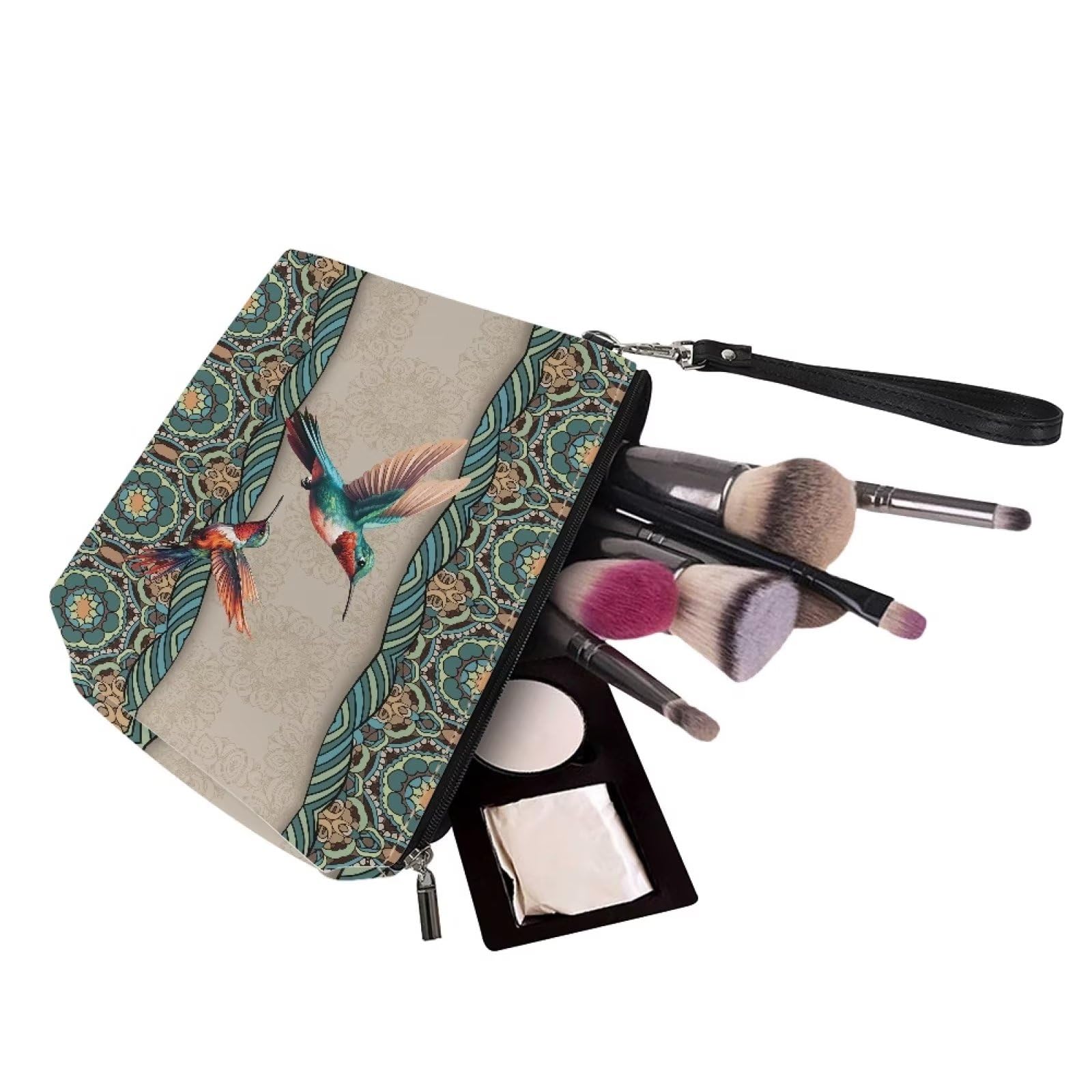 Pocelaces Cosmetic Makeup Organizer Case - Travel Toiletry Bag with Wrist Strap, Bohemian Mandala Hummingbird Design Makeup Storage Pouch for Women & Teens | Perfect for Travel, Gym, and Daily Beauty Essentials Organization
