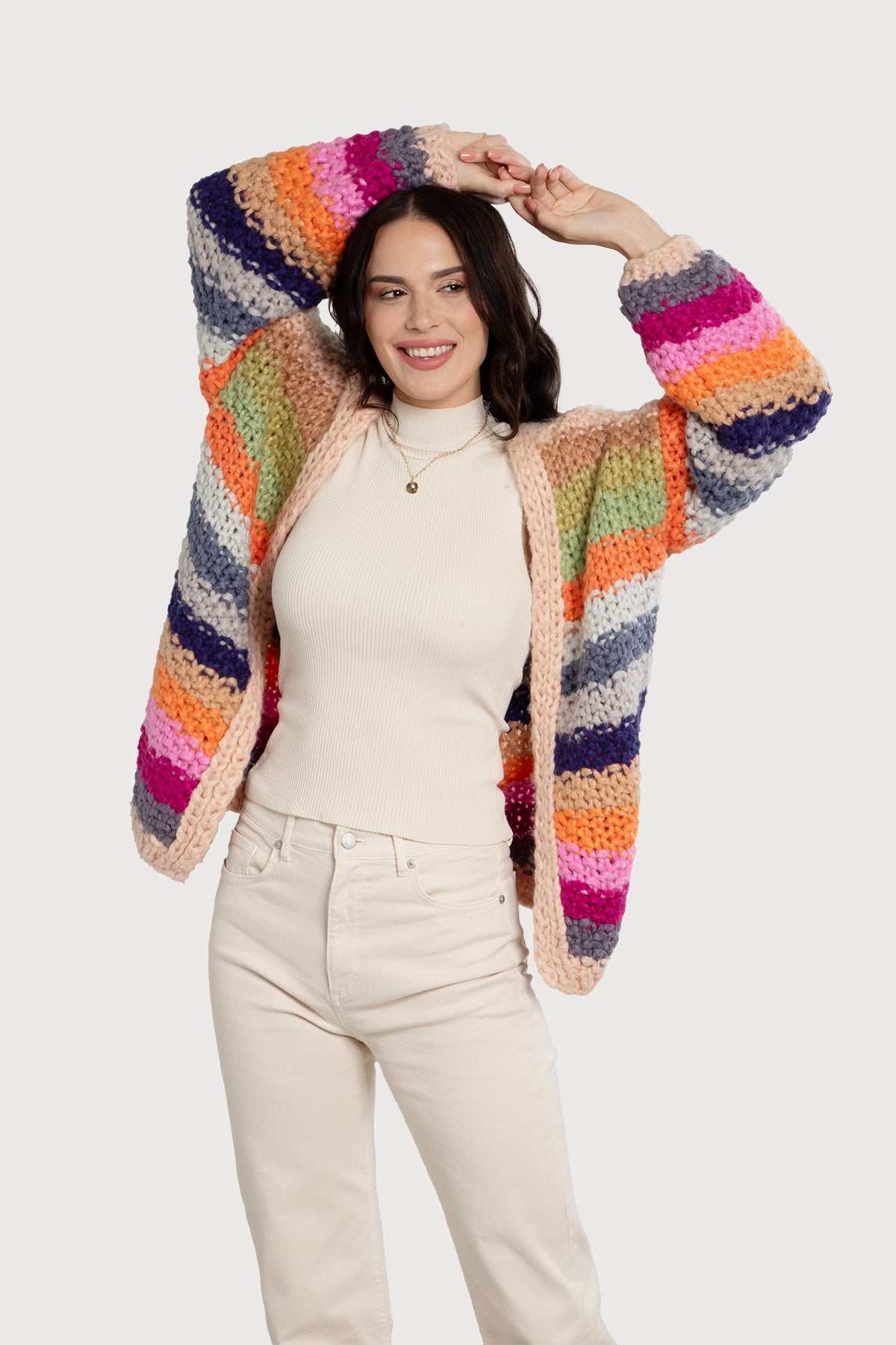 Rainbow Knitted Cardigan for Women - Soft Cozy Oversized Sweater - Perfect for Fall, Winter & Spring - Office, Casual & Home Wear