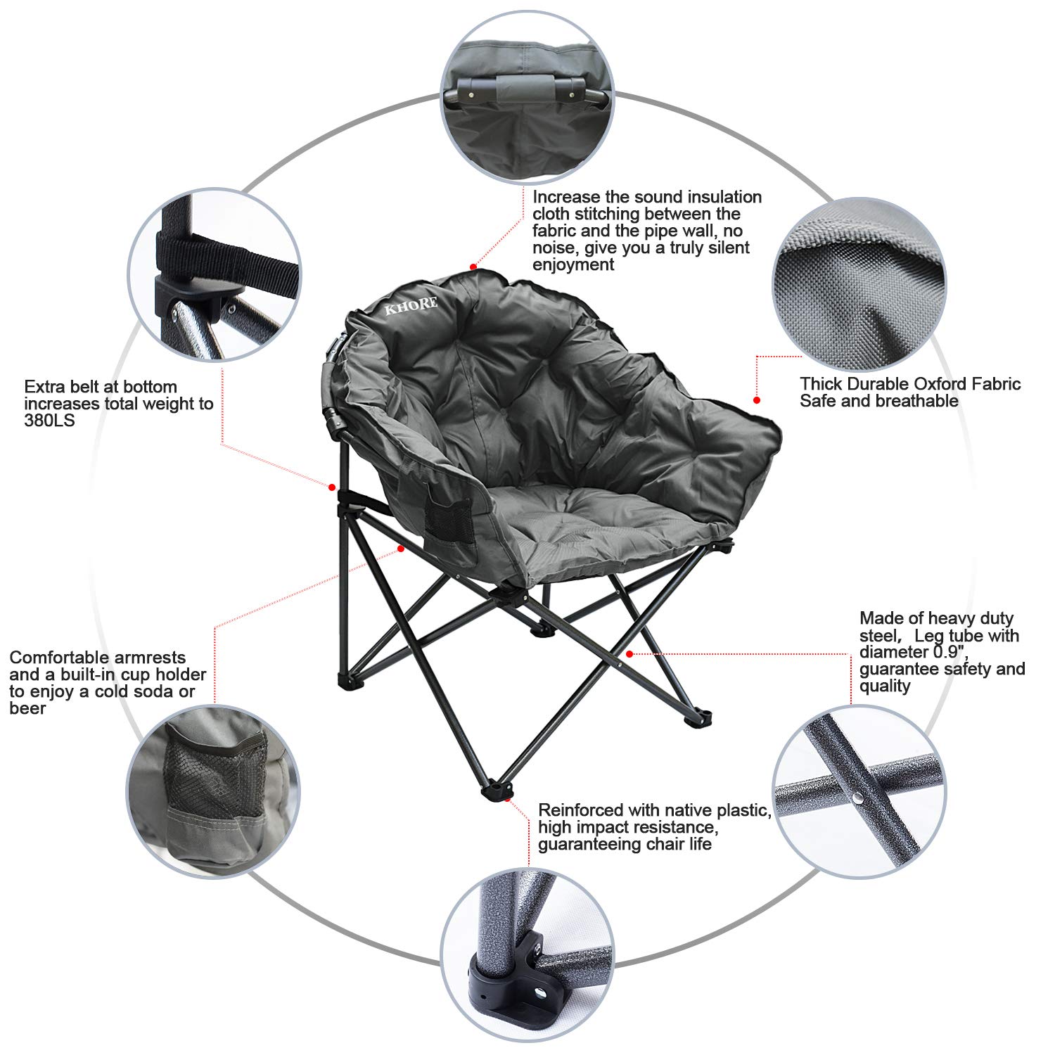 KHORE Heavy Duty Steel Folding Camping Chair - Oversized Moon Saucer Chair with Carry Bag for Outdoor, Hiking, Beach, Picnic, Backyard & Patio Use