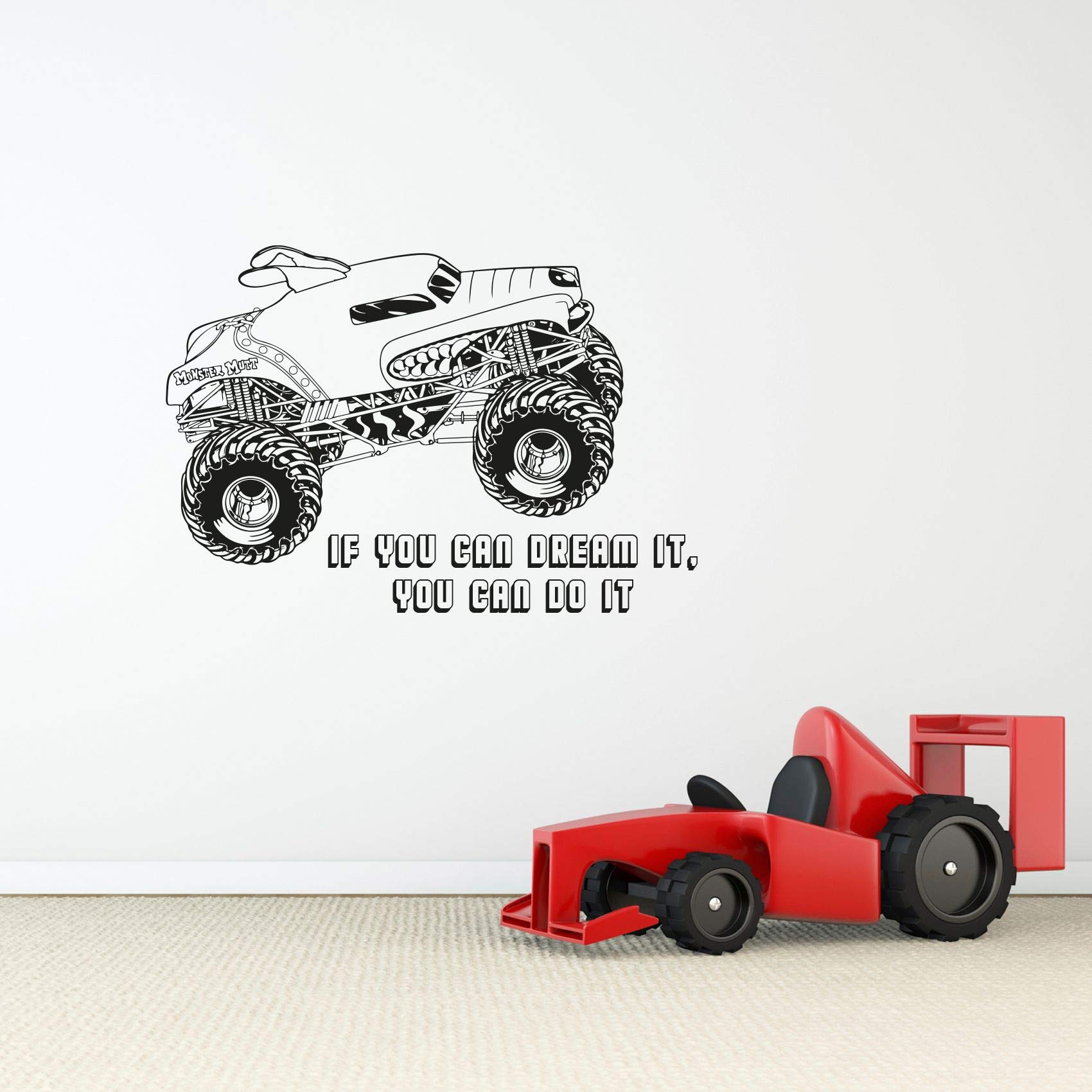 Inspirational Monster Truck Wall Decal - 'You Can Dream It' Quote Vinyl Sticker for Kids Room, Bedroom, Nursery & Kindergarten Decor (35x40 inch) - Perfect for Boys & Girls Bedroom, Playroom & Classroom Wall Art