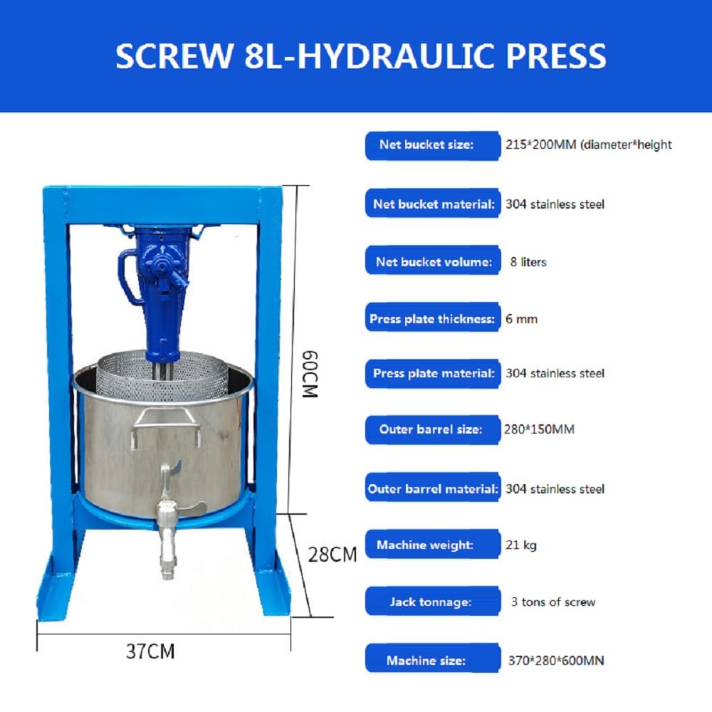 2.1 Gallon (8L) Hydraulic Fruit Press with 2 Ton Jack - 304 Stainless Steel Apple Grape Wine Cider Juice Maker for Home Brewing, Winemaking & Kitchen Use