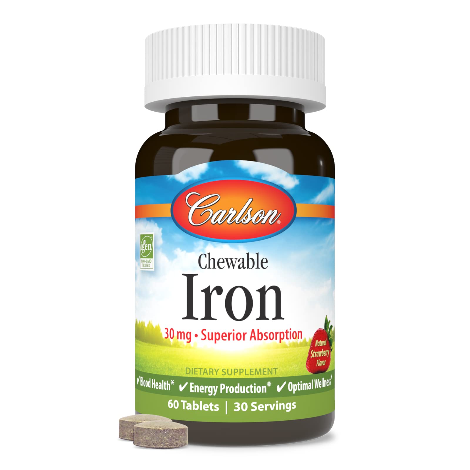 Carlson Labs Kids Chewable Iron Supplement - 15mg per Serving, Strawberry Flavor, 60 Tablets - Supports Healthy Energy & Immune System for Children - Perfect for Picky Eaters & Active Kids
