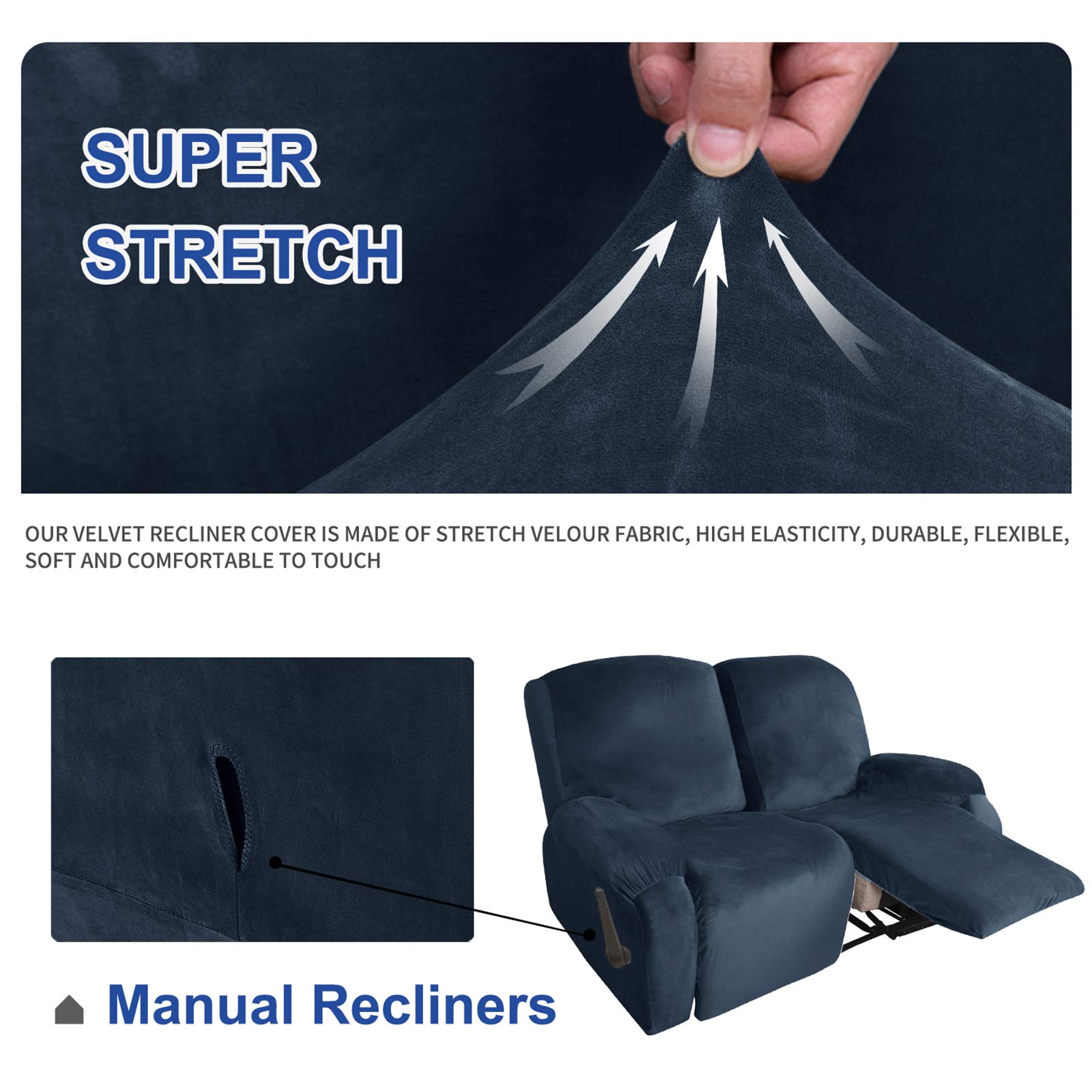 MAXIJIN 6-Piece Stretch Velvet Recliner Loveseat Slipcover - Soft, Thick & Washable 2-Seater Sofa Cover for Reclining Couches (Navy Blue) - Perfect for Living Room, Home Theater & Family Room Furniture Protection