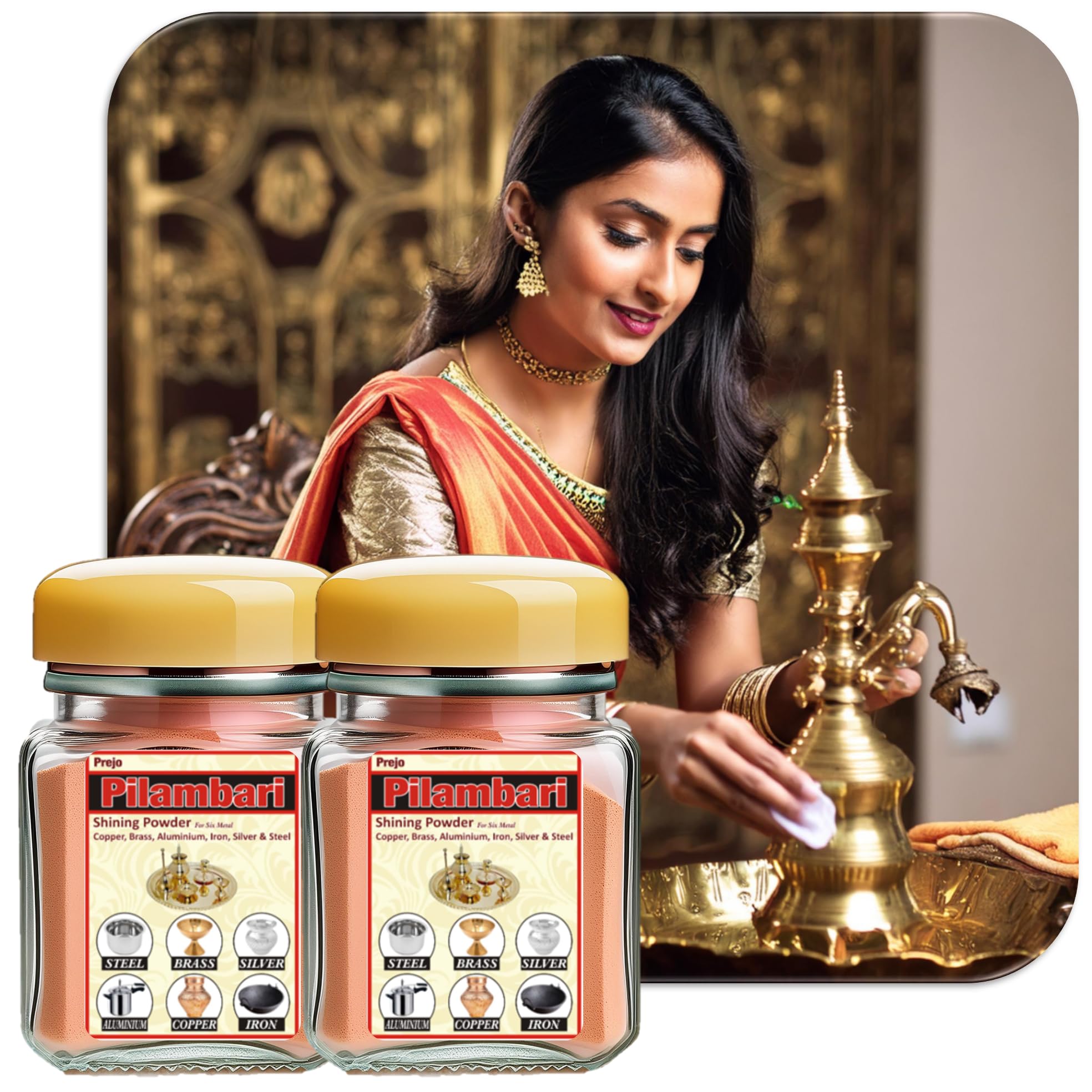 Pitambari Shining Powder for 6 Metals - 50g Sachet & Pet Jar - Metal Polish for Jewelry, Utensils & Home Decor Cleaning
