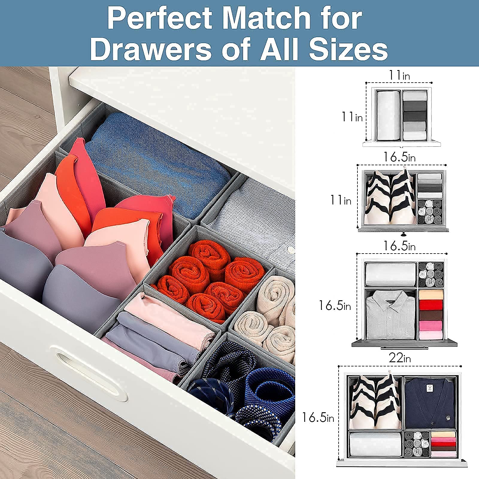 Criusia 14-Piece Underwear Drawer Organizer Set - Foldable Closet Dividers & Storage Box for Clothes, Socks, Bras - Space Saving Grey Organizer for Bedroom, Dresser & Travel Use