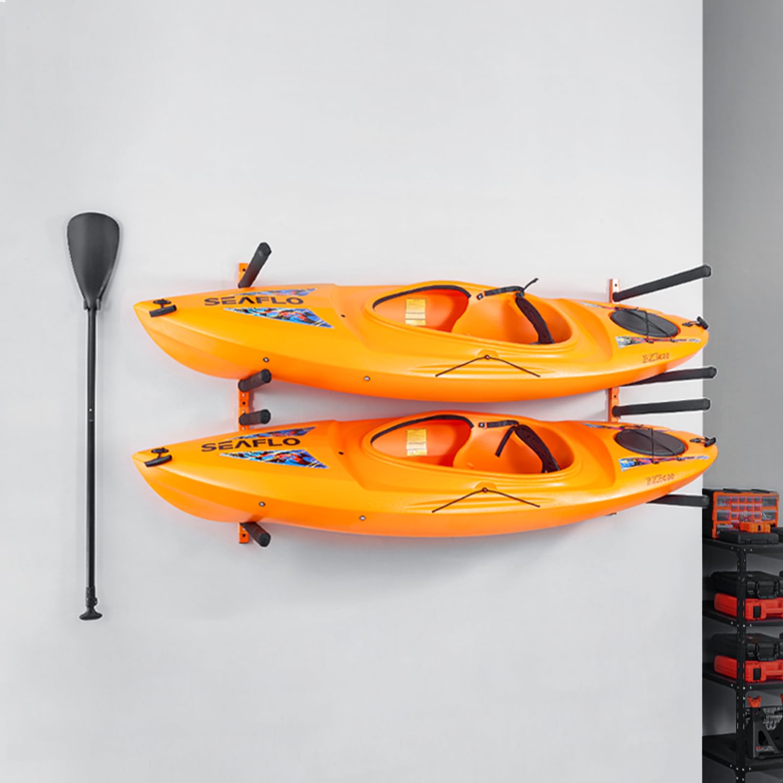 VEVOR 4-Capacity Wall Mounted Kayak Storage Rack - Heavy Duty 400 LB Capacity Adjustable Padded Kayak Canoe Paddle Board Holder for Indoor Outdoor Garage, Backyard, or Boat House - Perfect for Space Saving Kayak Organization and Secure Storage
