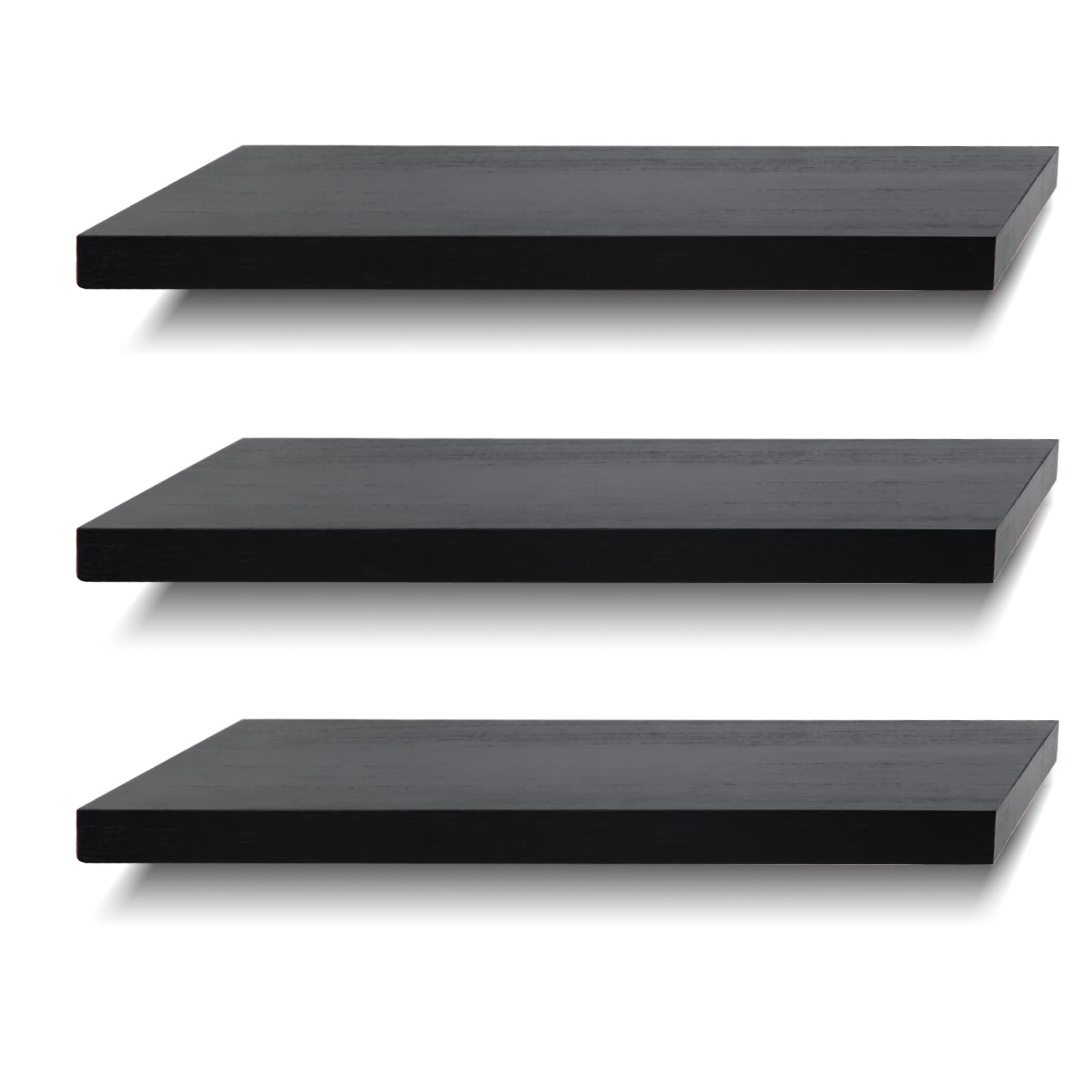 Floating Shelves Set of 3 - Solid Wood Wall Shelves for Bathroom, Bedroom & Kitchen Decor - Black